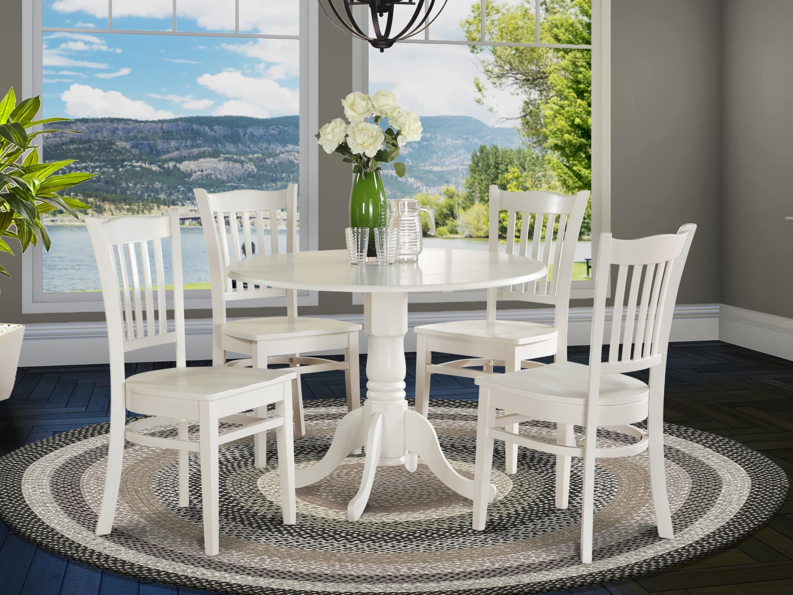 East West Furniture Dublin 5 Piece Kitchen Set Includes a Round Room Table with Dropleaf and 4 Dining Chairs, 42x42 Inch, Linen White