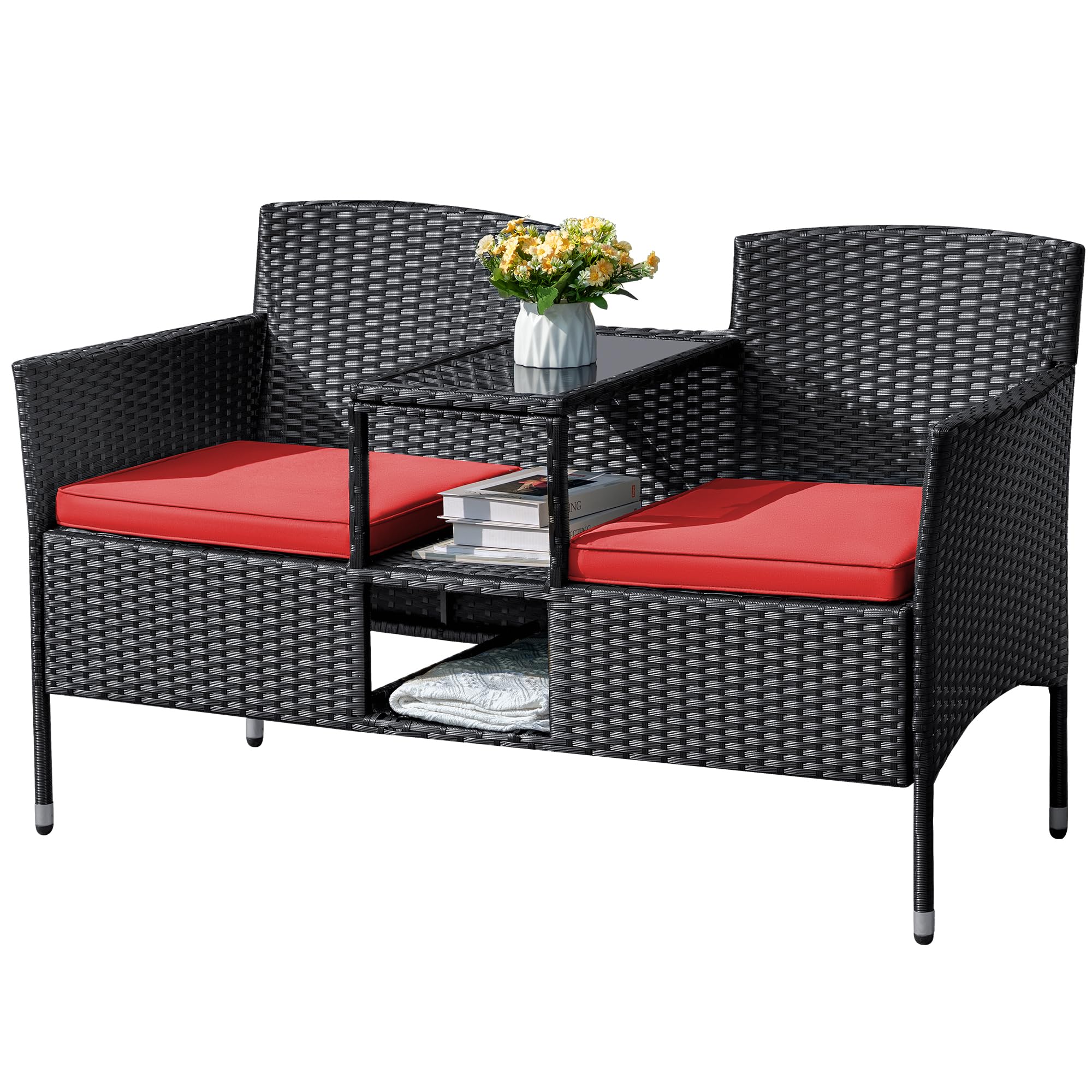 Flamaker Outdoor Furniture Patio Loveseat Wicker 2-Seat With Built-In Table And Cushions Rattan Porch Chairs Bench For Balcony, Lawn, Backyard (Red)