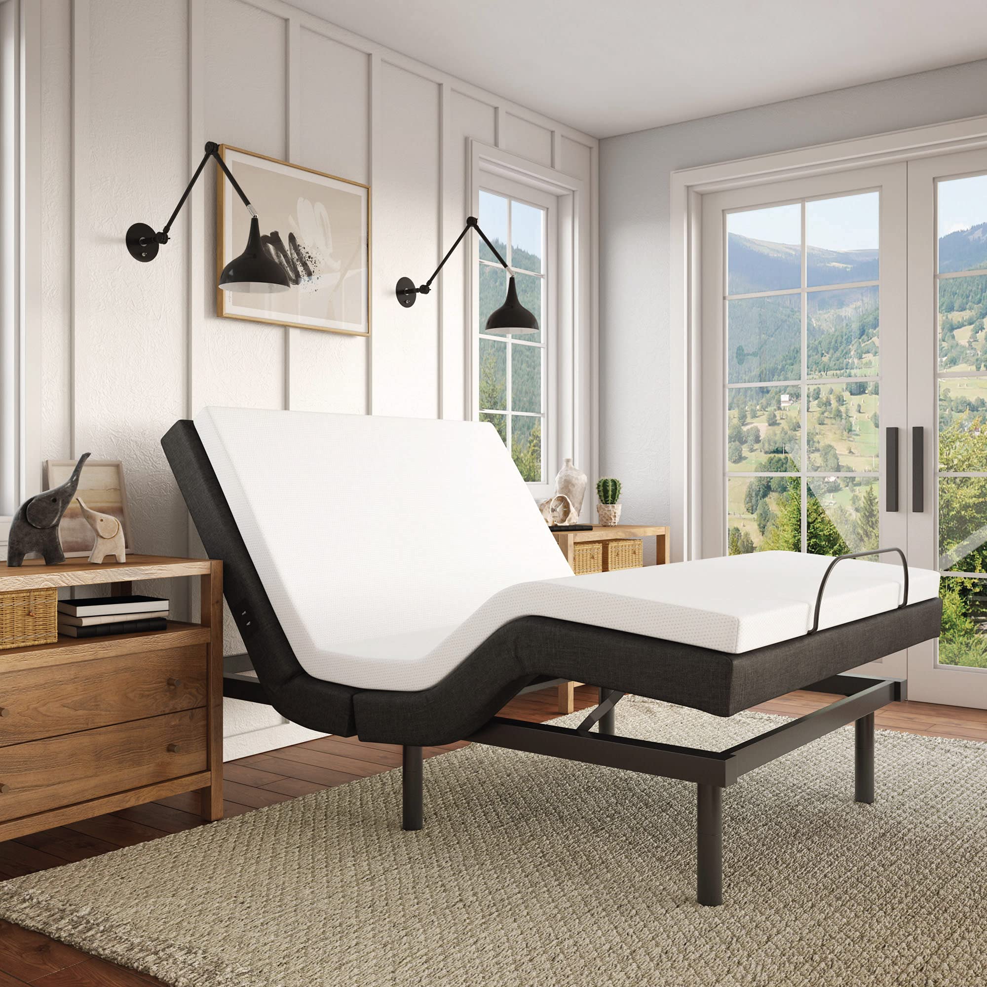 Adjustable Comfort Upholstered Adjustable Bed Base 2.0 with Upgraded Motors, Massage, Wireless Remote, USB Port-Ergonomic Head a
