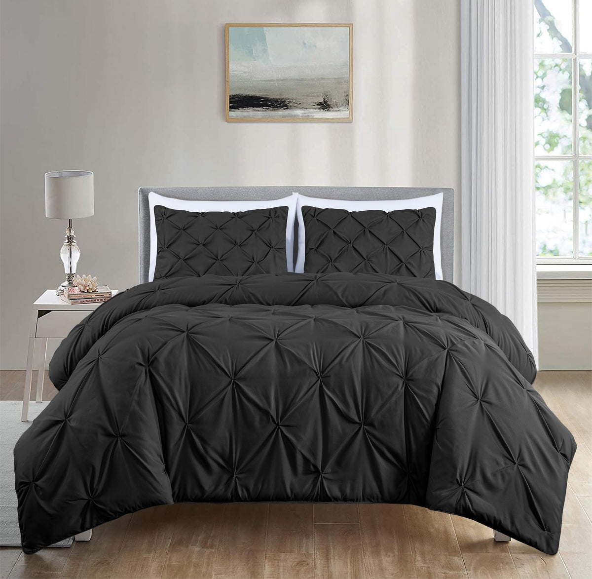 Chezmoi Collection Berlin Black Pinch Pleat Extra Wide King Comforter Set, 3-Piece (Comforter And Pillow Shams) - Soft Pintuck,