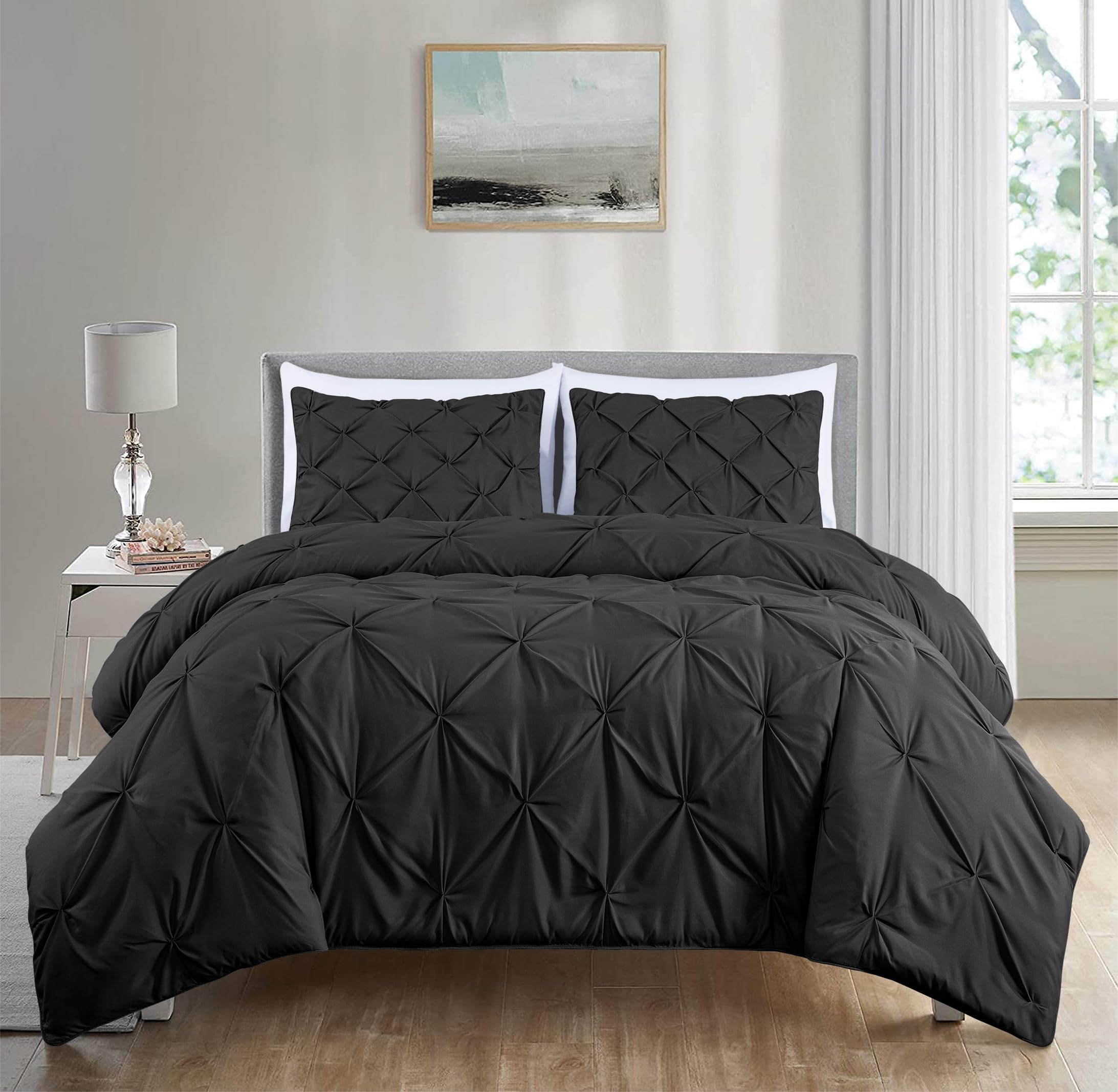 Chezmoi Collection Berlin Black Pinch Pleat Extra Wide King Comforter Set, 3-Piece (Comforter And Pillow Shams) - Soft Pintuck,