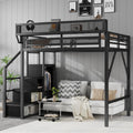 KEIKI Full Size Metal Loft Bed Frame with Convertible Staircase, Built-in Storage Shelves and Wardrobe, Loft Bed with Solid Slat