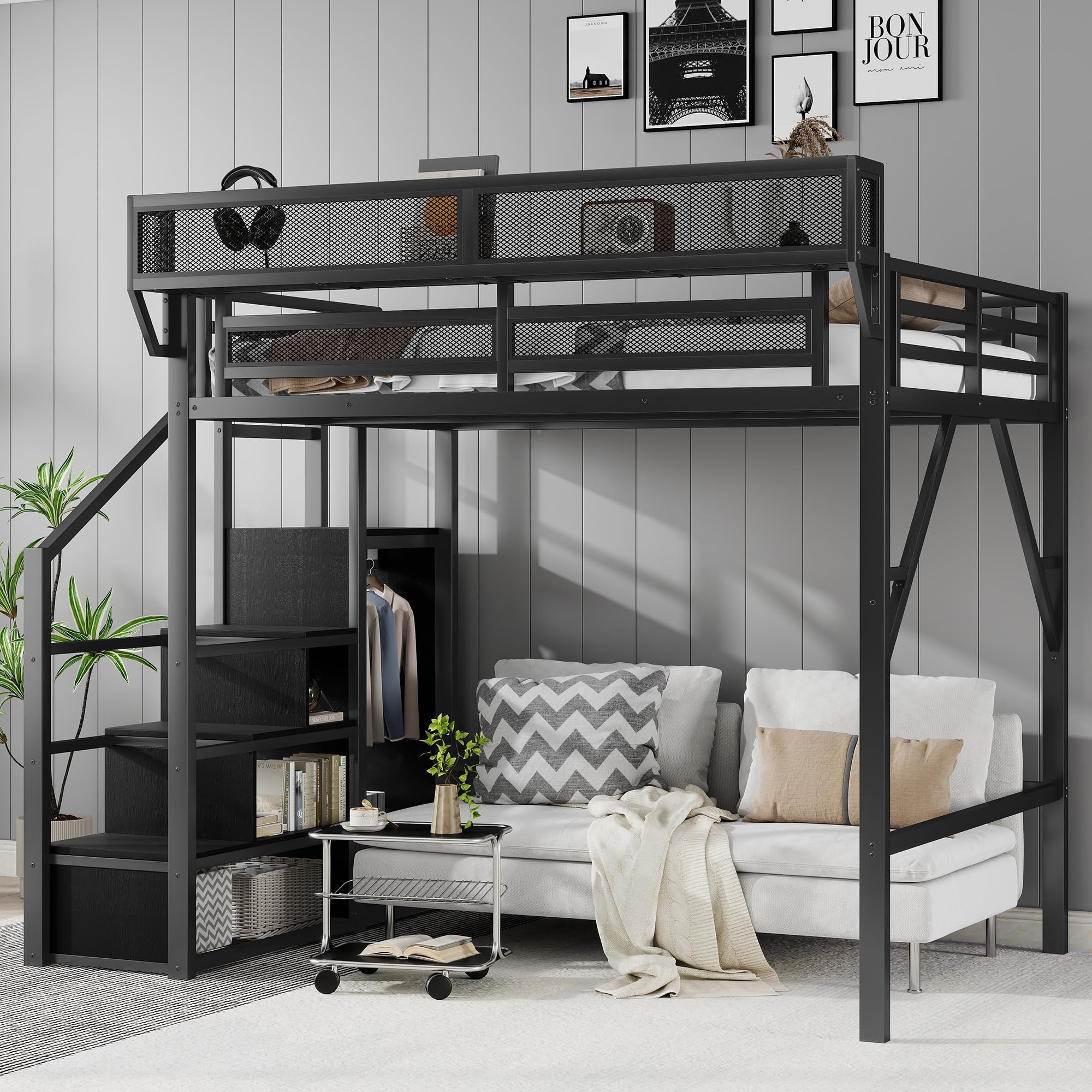 KEIKI Full Size Metal Loft Bed Frame with Convertible Staircase, Built-in Storage Shelves and Wardrobe, Loft Bed with Solid Slat