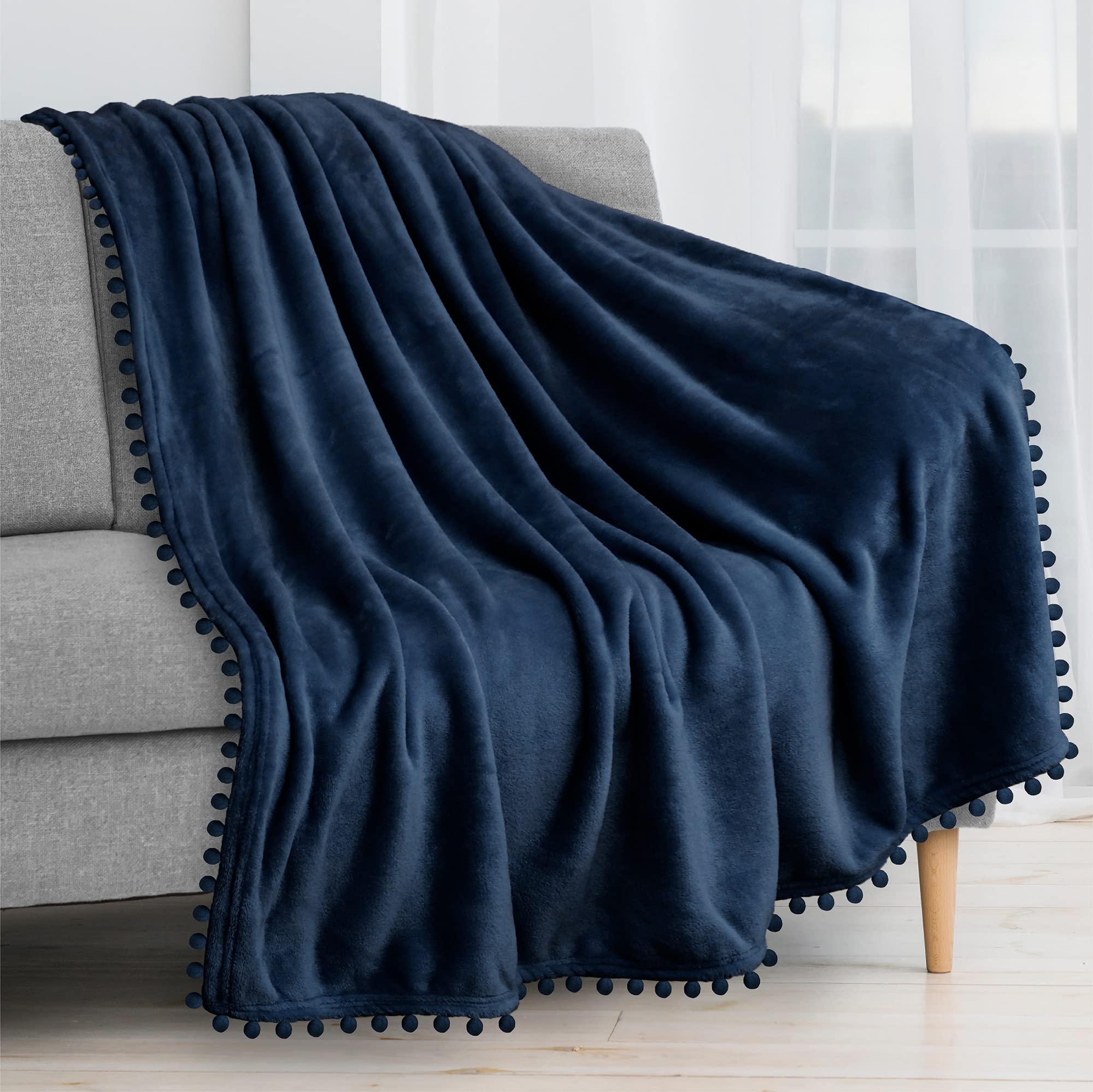 Pavilia Pom Pom Blanket Throw, Navy Blue | Soft Fleece Pompom Fringe Blanket For Couch Bed Sofa | Decorative Cozy Plush Warm Fla