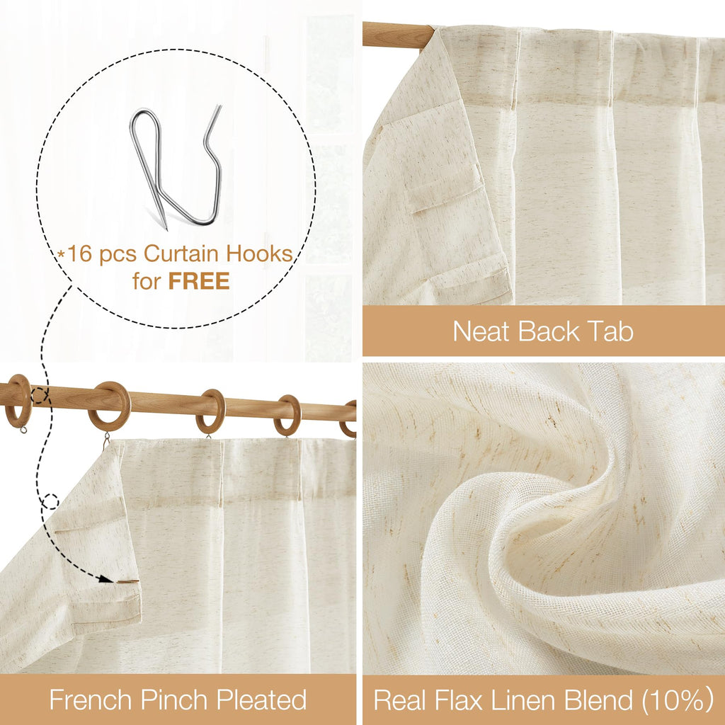 Fmfunctex Linen Sheer Pinch Pleated Curtains For Living Room, Linen Flax Beige 96 Inches Long Sheer Curtain Panels For Bedroom,