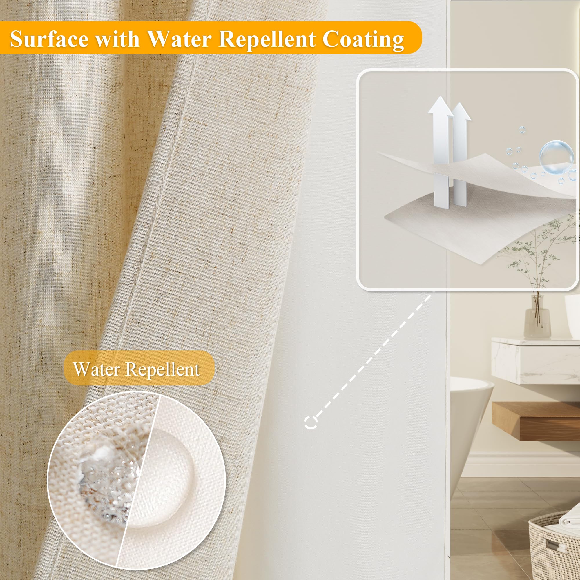 Jowels Linen No Hook Shower Curtain And Liner, Beige No Hooks Shower Curtain Set Top See Through Shower Curtain With Snap In Lin
