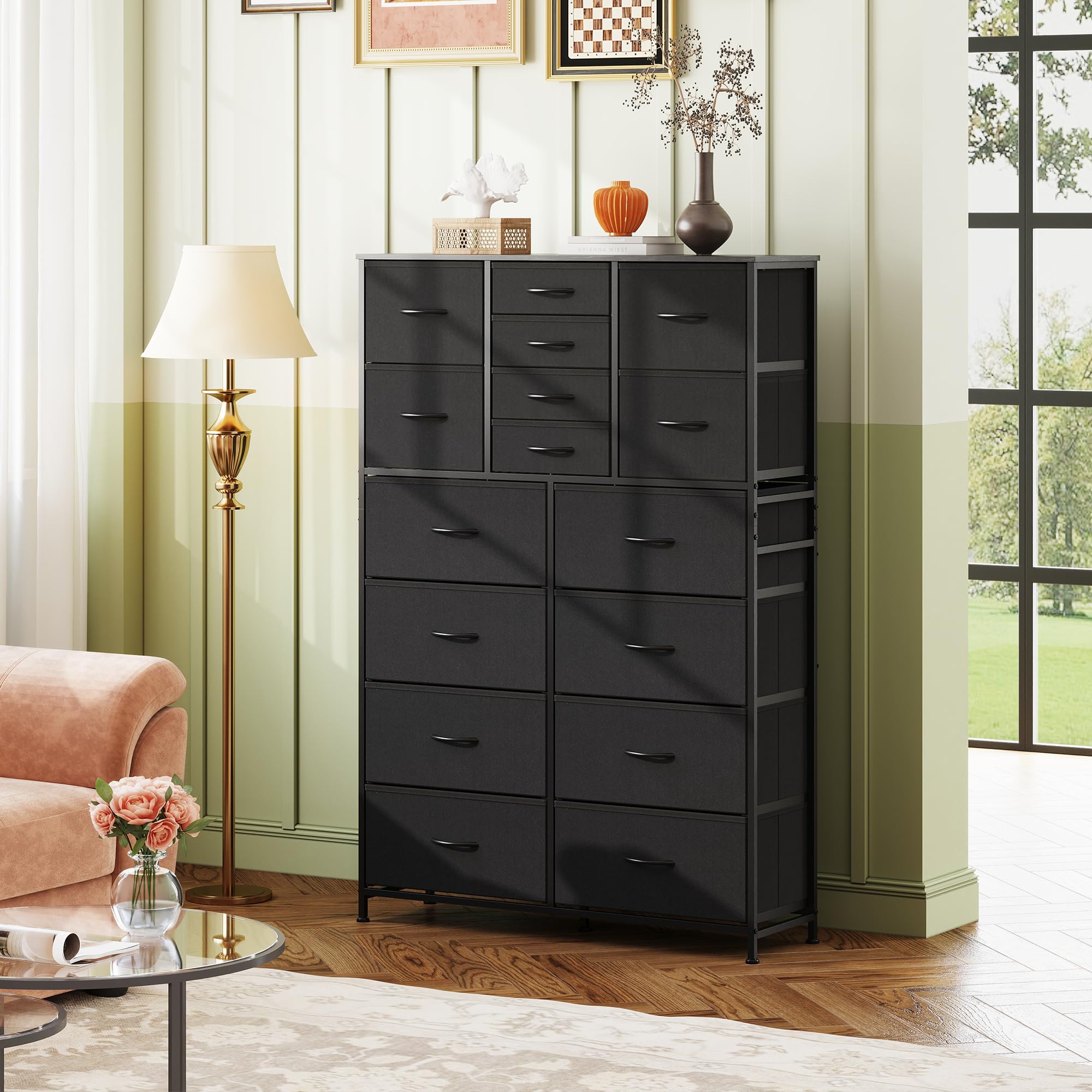 Wlive Tall Dresser For Bedroom, Fabric Dresser Storage Tower With 16 Drawers, Chest Of Drawers Organizer Unit, Storage Cabinet, Hallway, Closets, Steel Frame, Charcoal Black