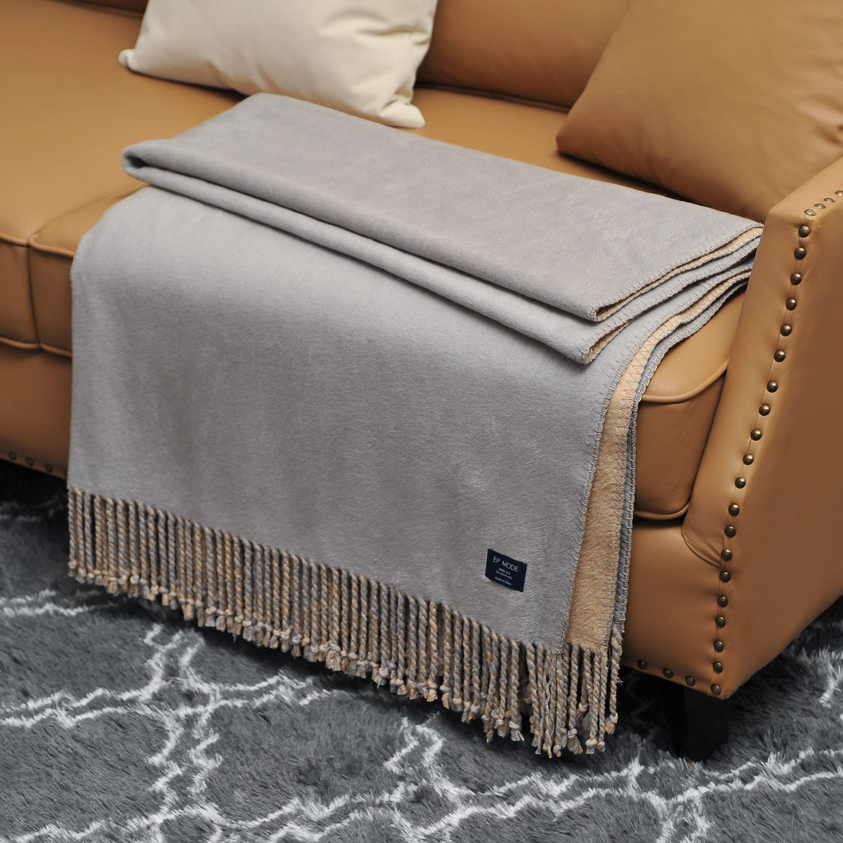 EP Mode Reversible Fringed Mulberry Silk Throw Blanket for Sofa (Light Grey/ Beige)