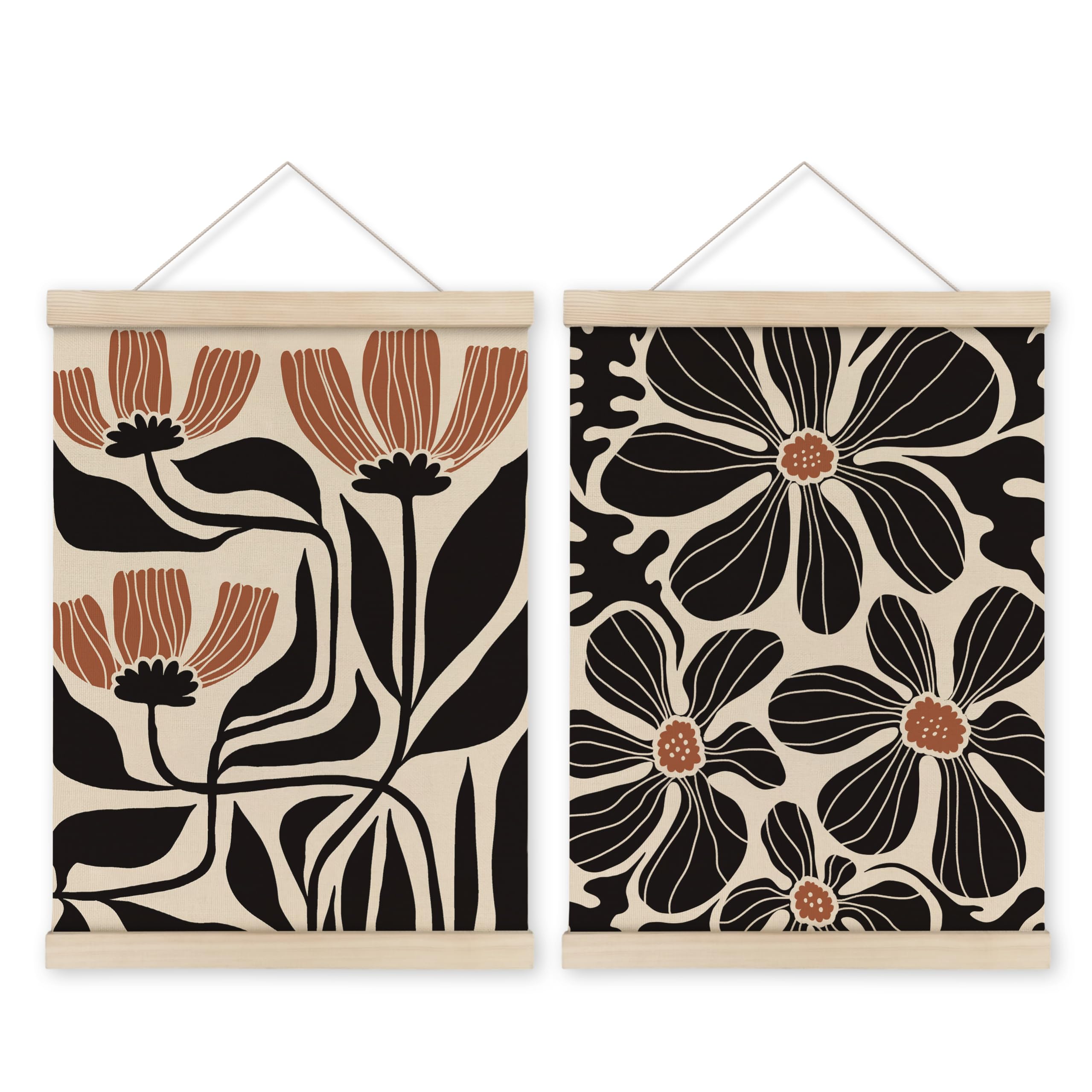 HRQKO Boho Black Flowers Hanger Frame Set of 2, Botanical Wall Art, Boho Floral Poster Wall Art with Wooden Frames, Boho Black A