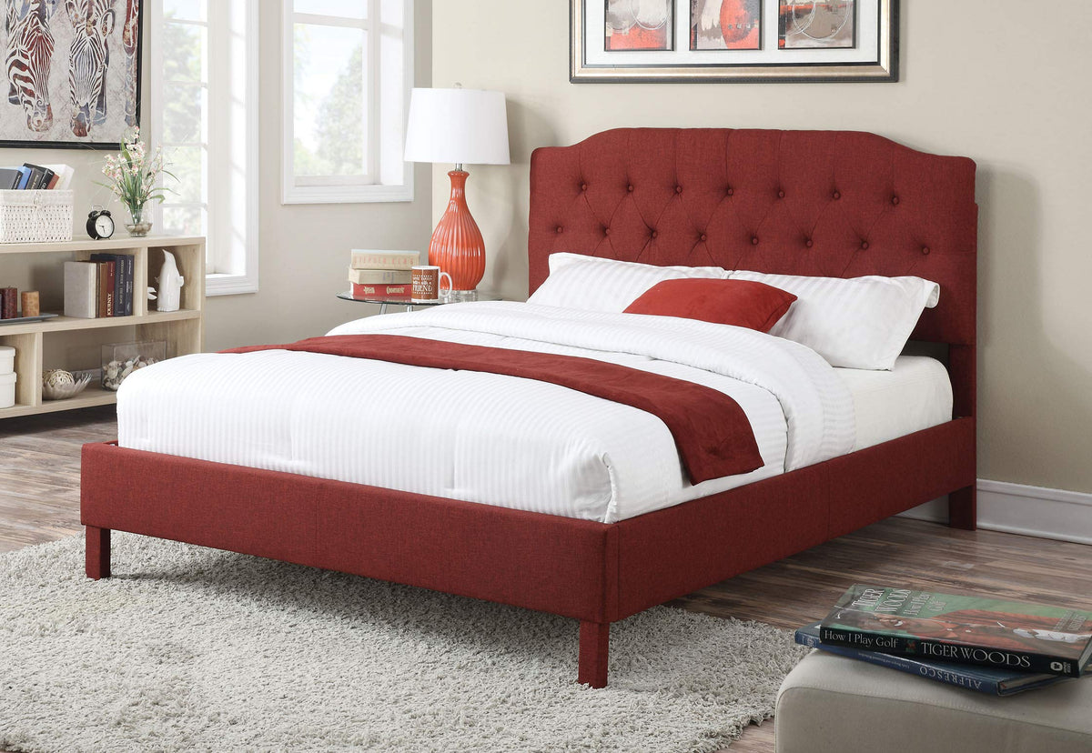 HomeRoots Furniture Queen Bed in Red Linen - Linen Fabric, CA Foam (285248)