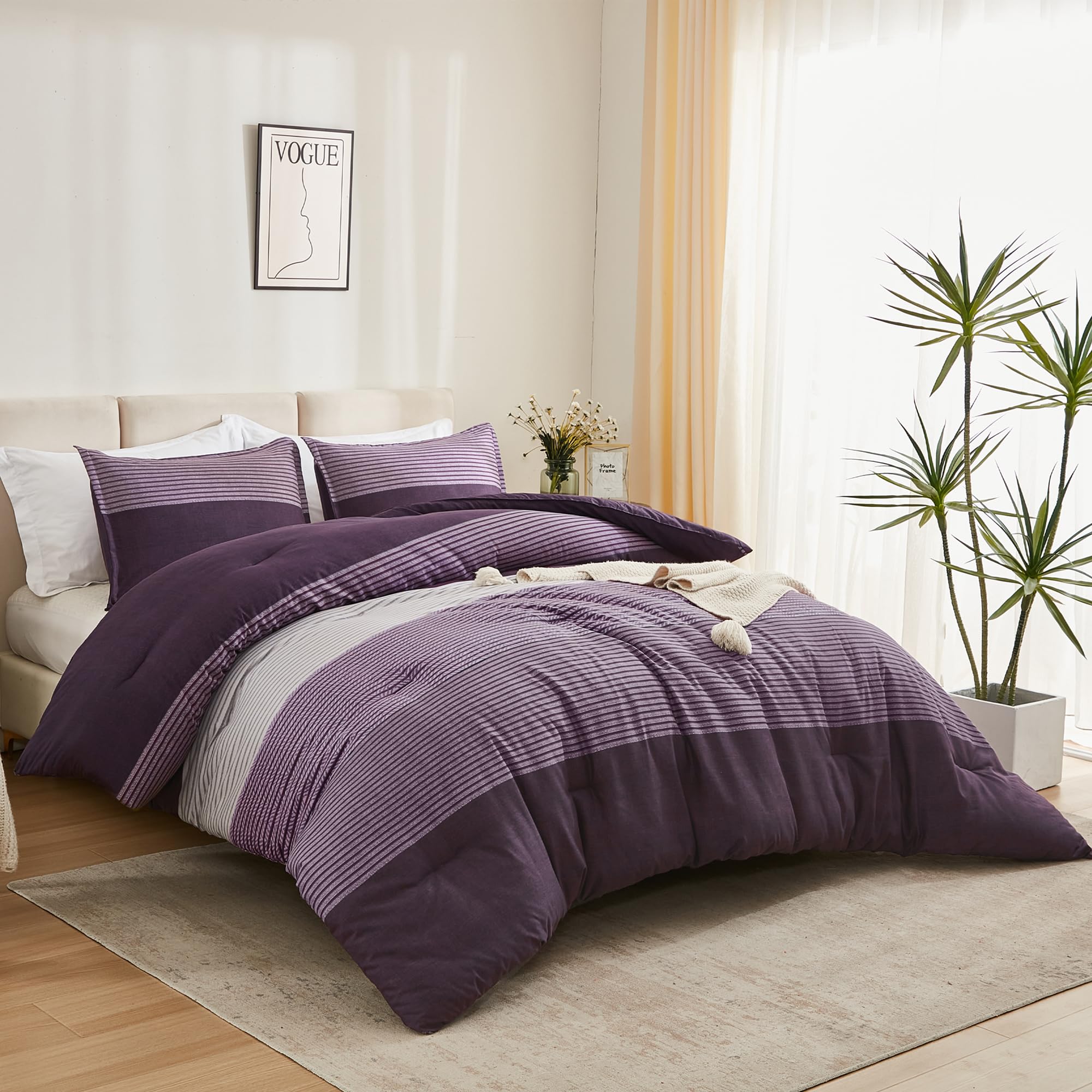Litanika California King Comforter Set Purple - 3 Pieces Cal King Oversized Lightweight Purple White Colorblock Stripe Bedding S