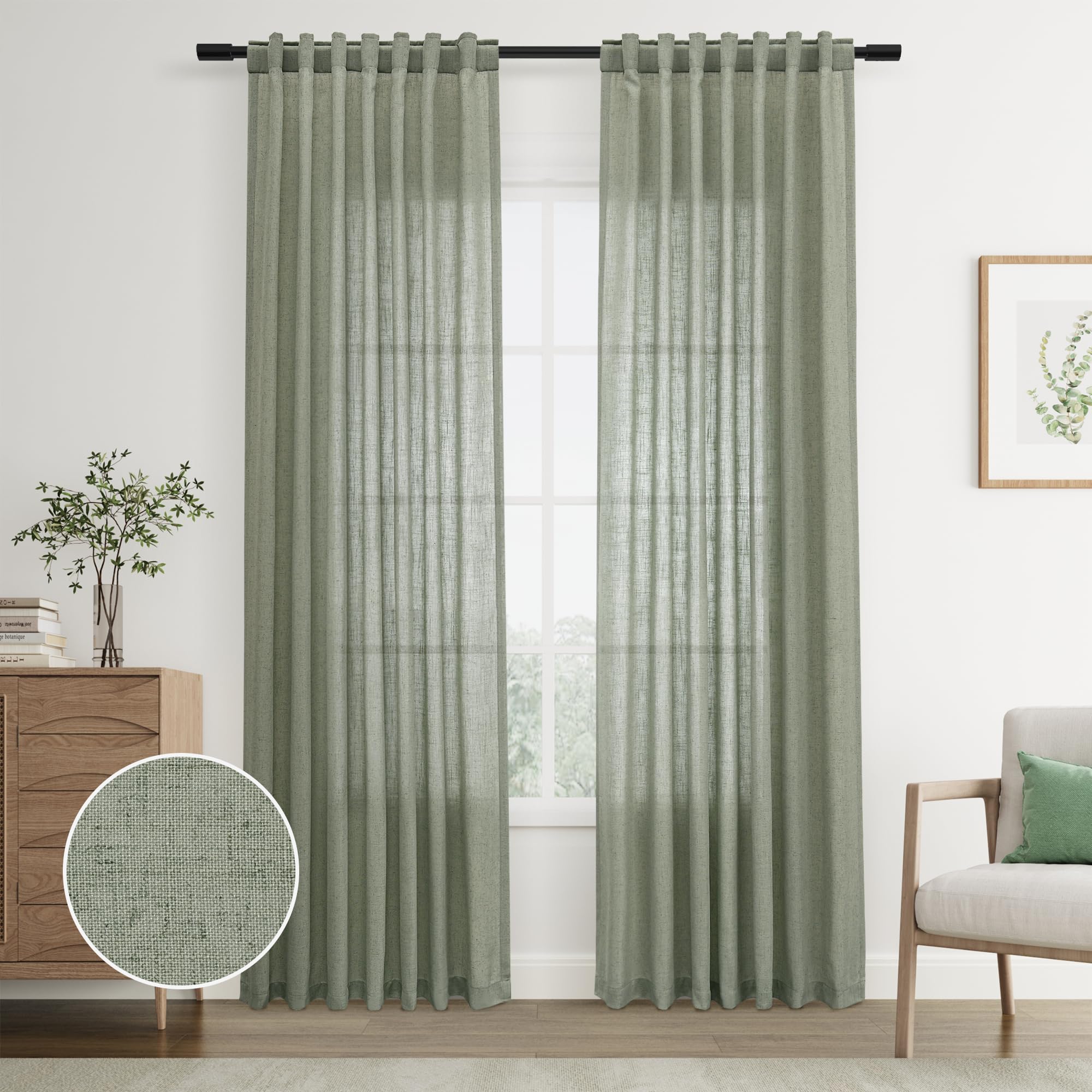 Joywell Sage Green Back Tab Rod Pocket Linen Curtains 84 Inches Long 2 Panels For Living Room Bedroom Neutral Boho Farmhouse Rustic Light Filtering Semi Sheer Curtains Window Treatment 52X84
