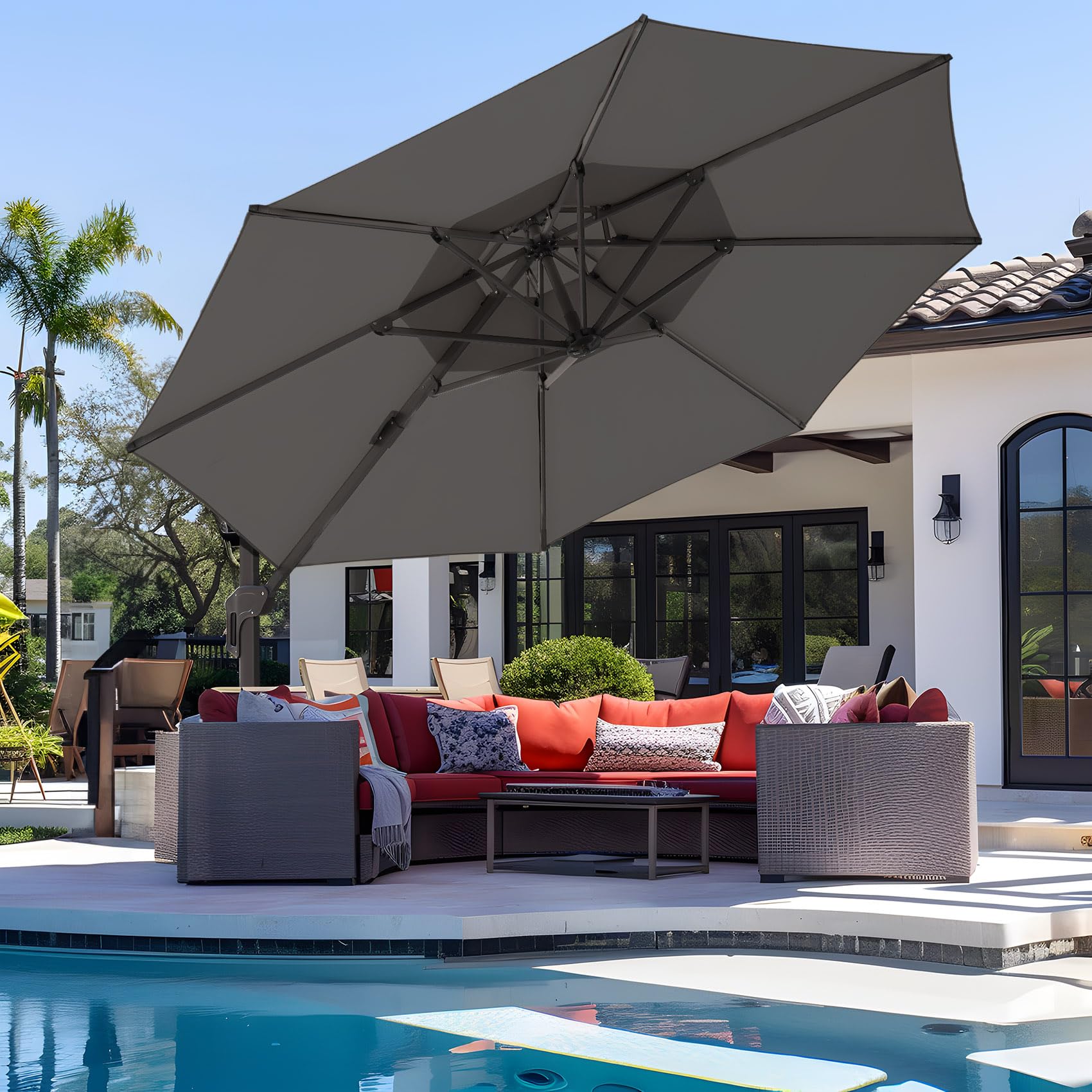 wikiwiki 11 FT 2 Tires Cantilever Patio Umbrella, Offset Umbrella Outdoor Patio, 6-Level 360Rotation Heavy Duty Large Umbrella w