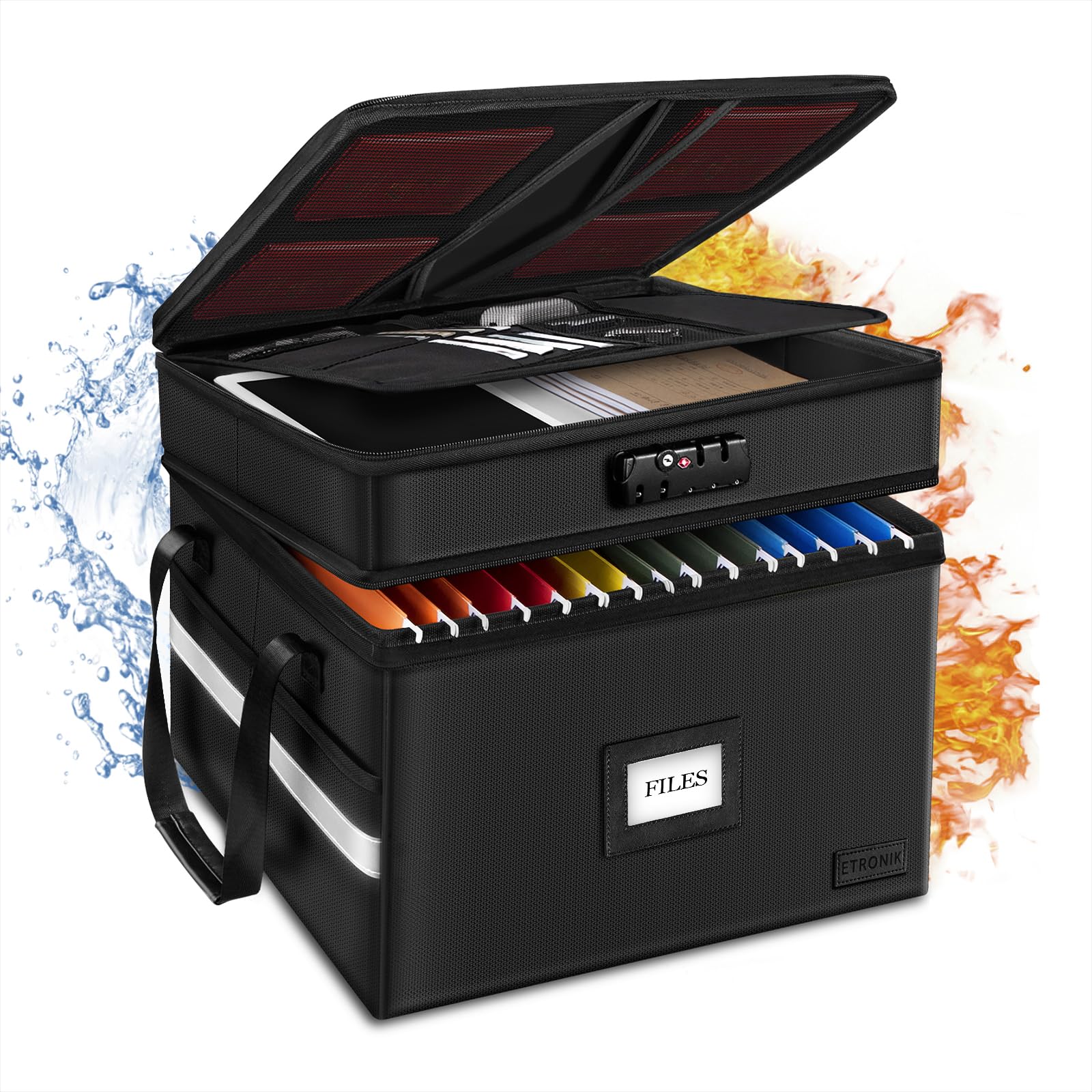 Fireproof Document Box With Lock, Etronik 2 Layer File Organizer With 5 Tab Inserts, Portable Office Collapsible File Storage Wi
