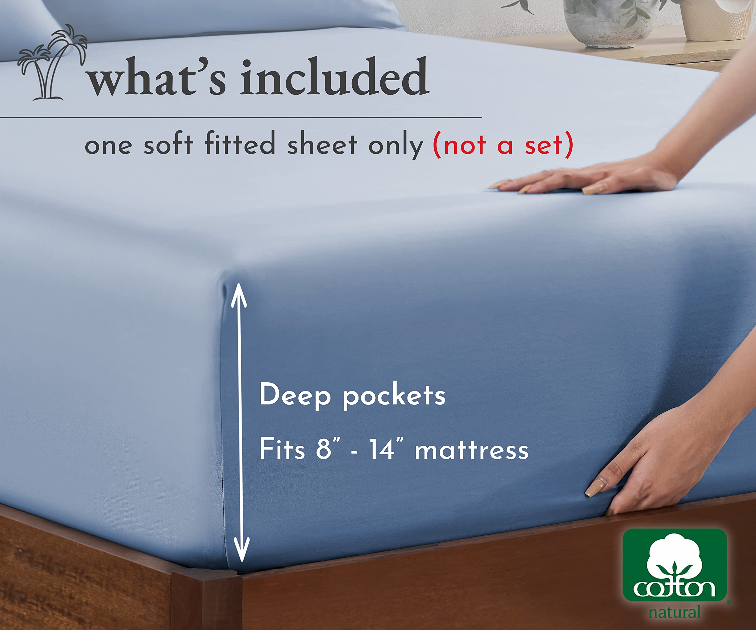 California Design Den Cooling Fitted Sheet Queen, Soft 100% Cotton Sateen, Deep Pocket, Durable All-Around Elastic, Head/Foot Side Indicators, Queen Fitted Sheet Cotton (Blue Hydrangea)