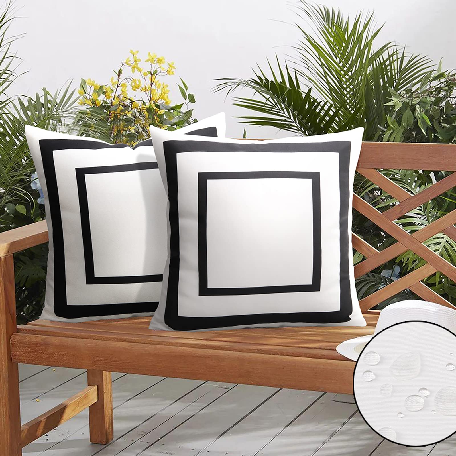Pyonic Outdoor Waterproof Throw Pillow Covers Geometric Pillowcases Black And White Pillow Covers For Patio Garden Set Of 2, 18