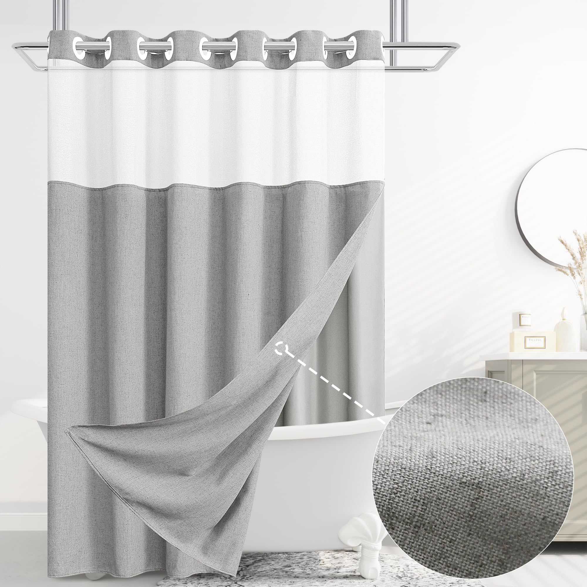 Jowels Linen No Hook Shower Curtain and Liner, Light Grey No Hooks Shower Curtain Set Top See Through Shower Curtain with Snap i