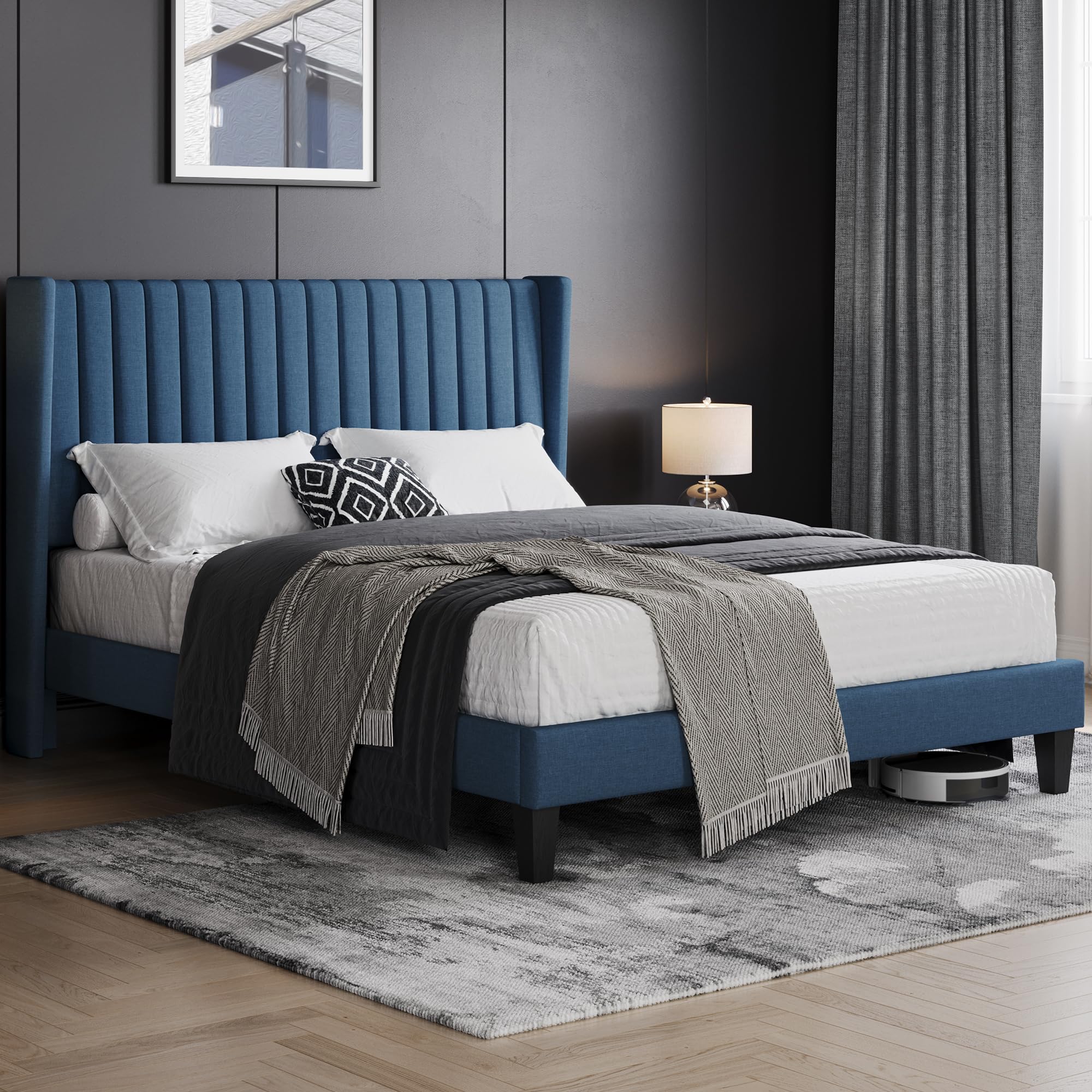 Yaheetech Queen Bed Frame Upholstered Platform Bed With Fabric Headboard, Wing Edge Design/Non-Slip And Noise-Free/Wooden Slats Support/No Box Spring Needed/Easy Assembly, Navy Blue Queen Bed