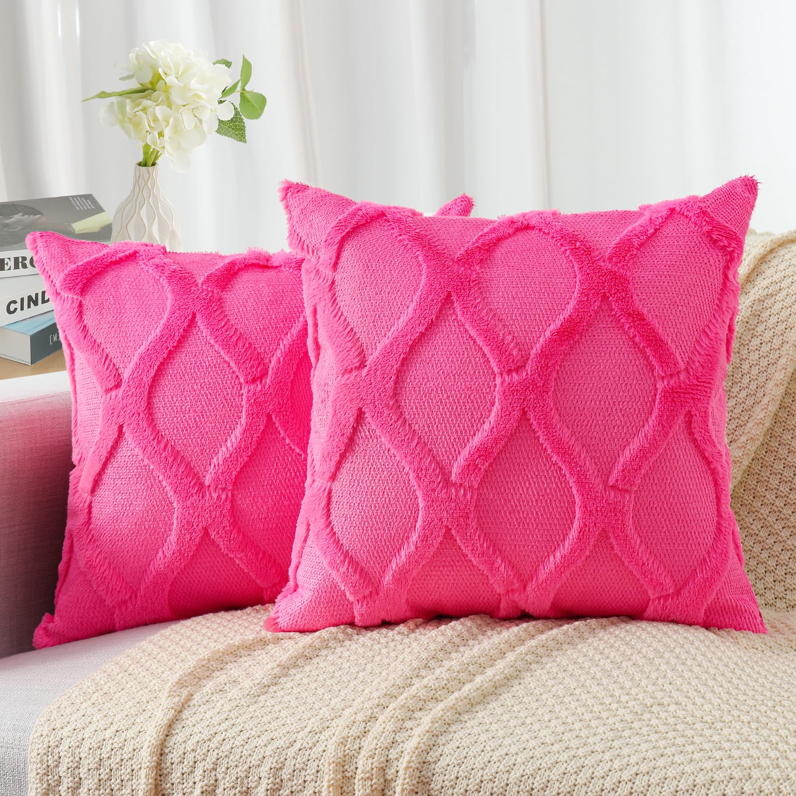 Decoruhome Throw Pillow Covers 26X26 Inch Set Of 2, Soft Plush Faux Fur Wool Hot Pink Couch Pillow Covers, Decorative Pillow Cases For Bed Sofa Living Room Home Decor