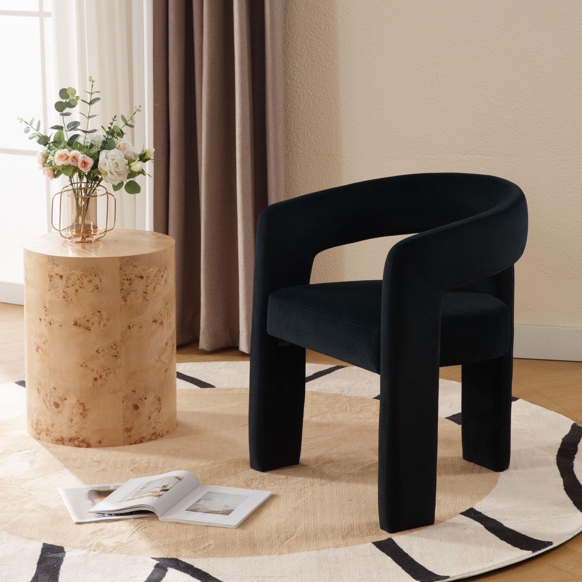 Black Modern Dining Chair, Velvet Upholstered Barrel Kitchen Chair, Round Dining Chairs With Wooden Legs, Assembled Accent Armch