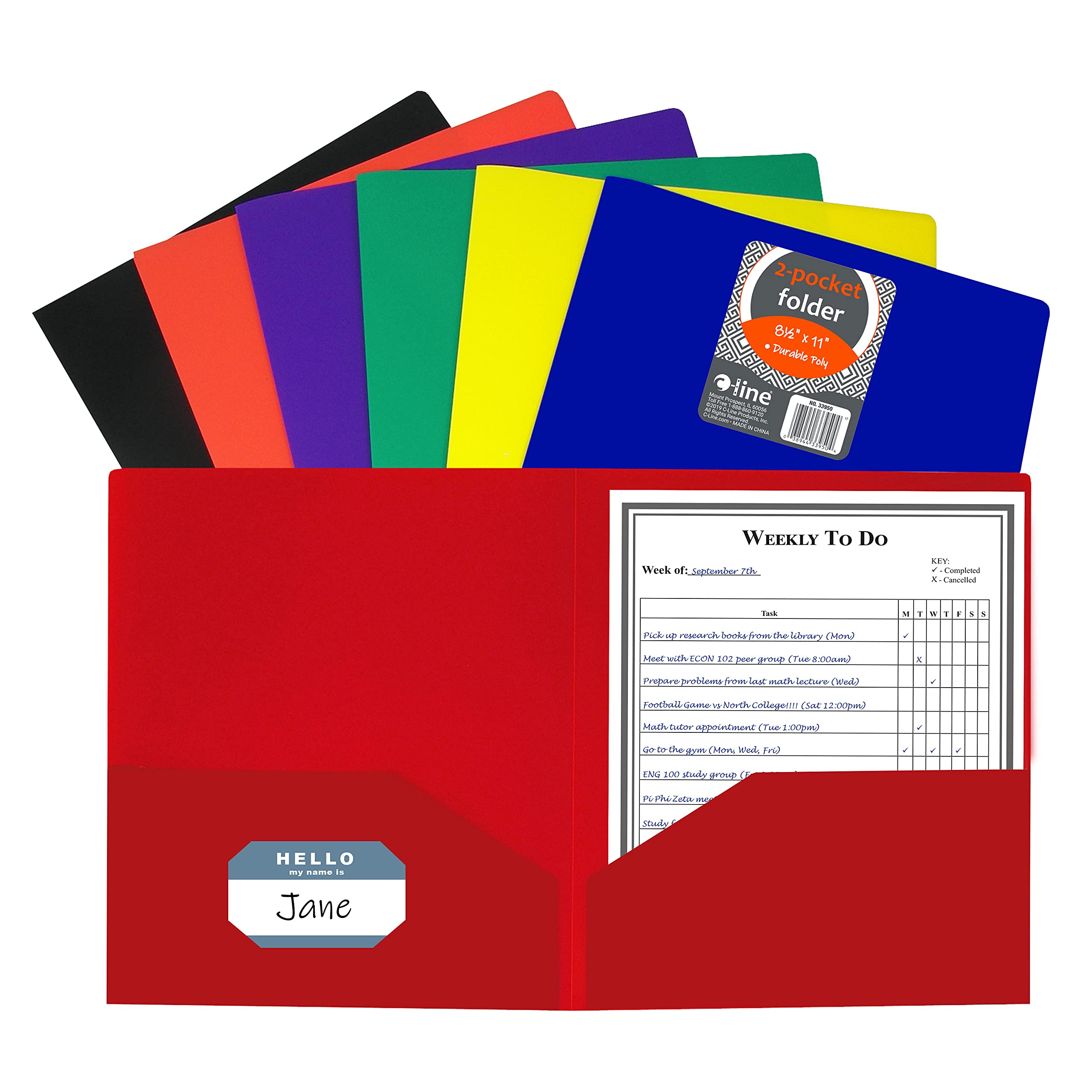 C-Line Two-Pocket Heavyweight Poly Portfolio, For Letter Size Papers, Includes Business Card Slot, Assorted Colors, 36 Pack (339
