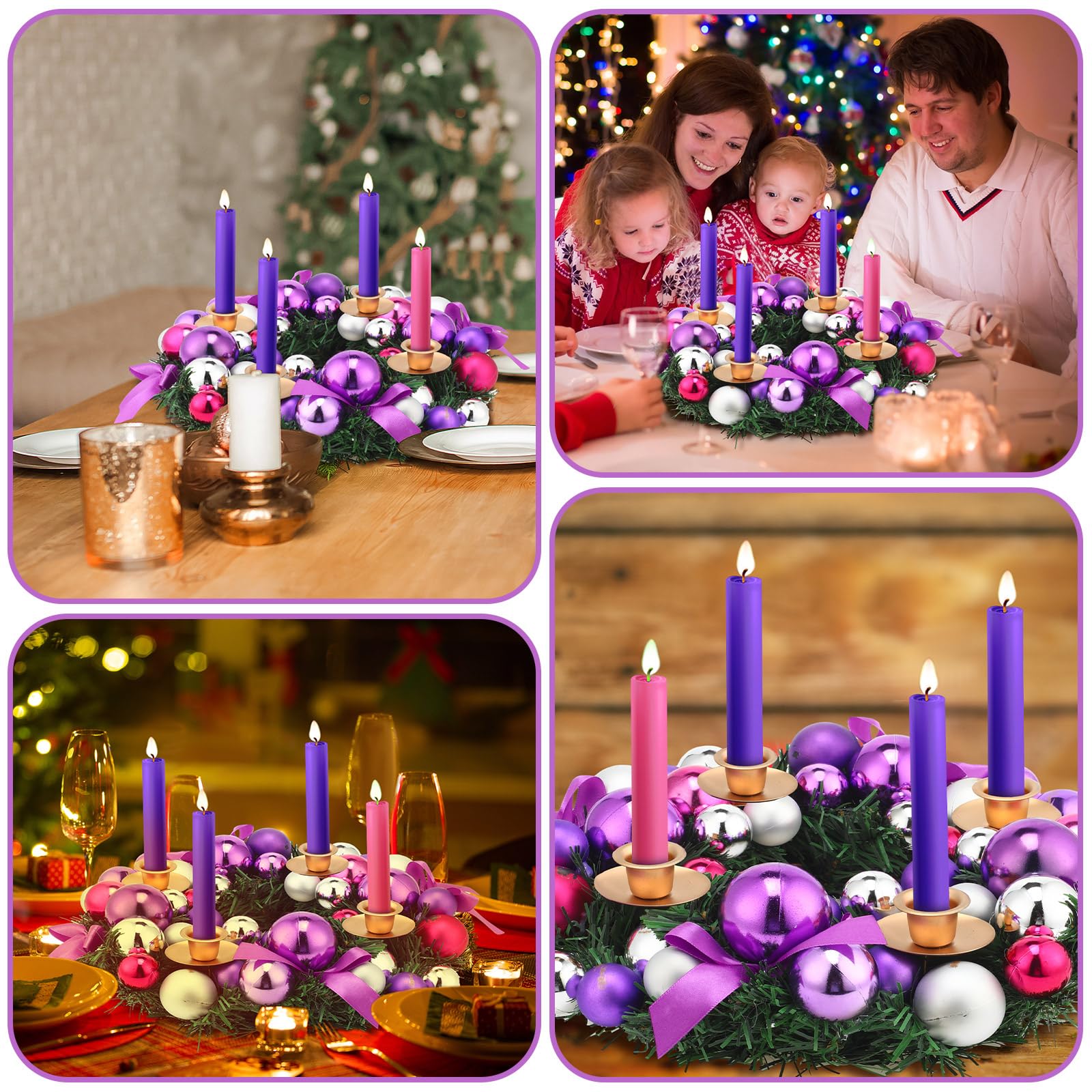 Meooeck Purple Ribbon Advent Wreath Set Calendar Season Candle Holder Catholic Christmas Advent Wreaths Centerpiece Decor With R