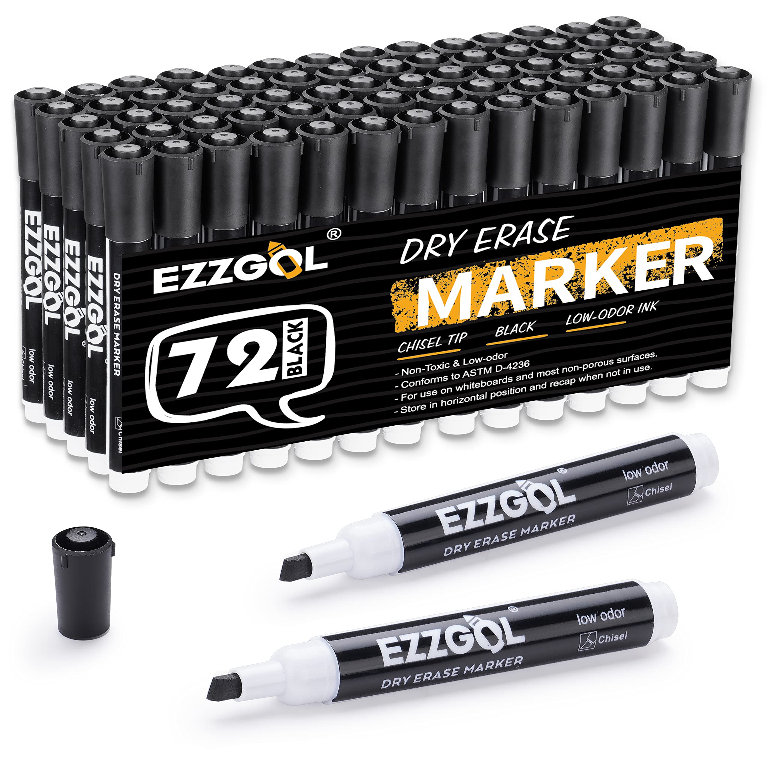 Ezzgol Dry Erase Markers Bulk, 72 Pack Black Low Odor Whiteboard Markers, Chisel Tip Dry Erase Markers Perfect For Writing On Dr