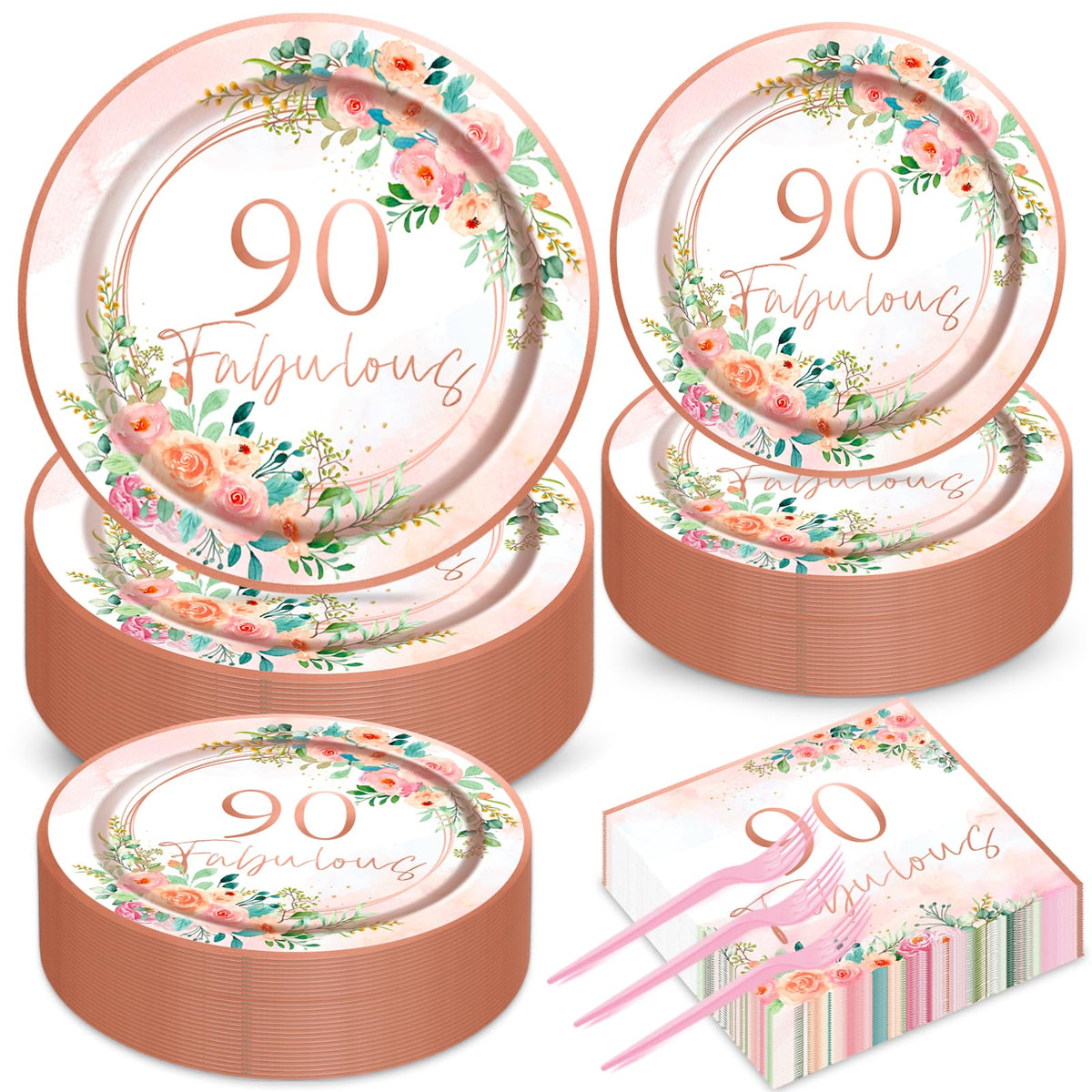 200PCS 90th Birthday Party Supplies Rose Gold Tableware Set Fabulous Disposable Plates Napkins Forks 90th Birthday Party Decorat