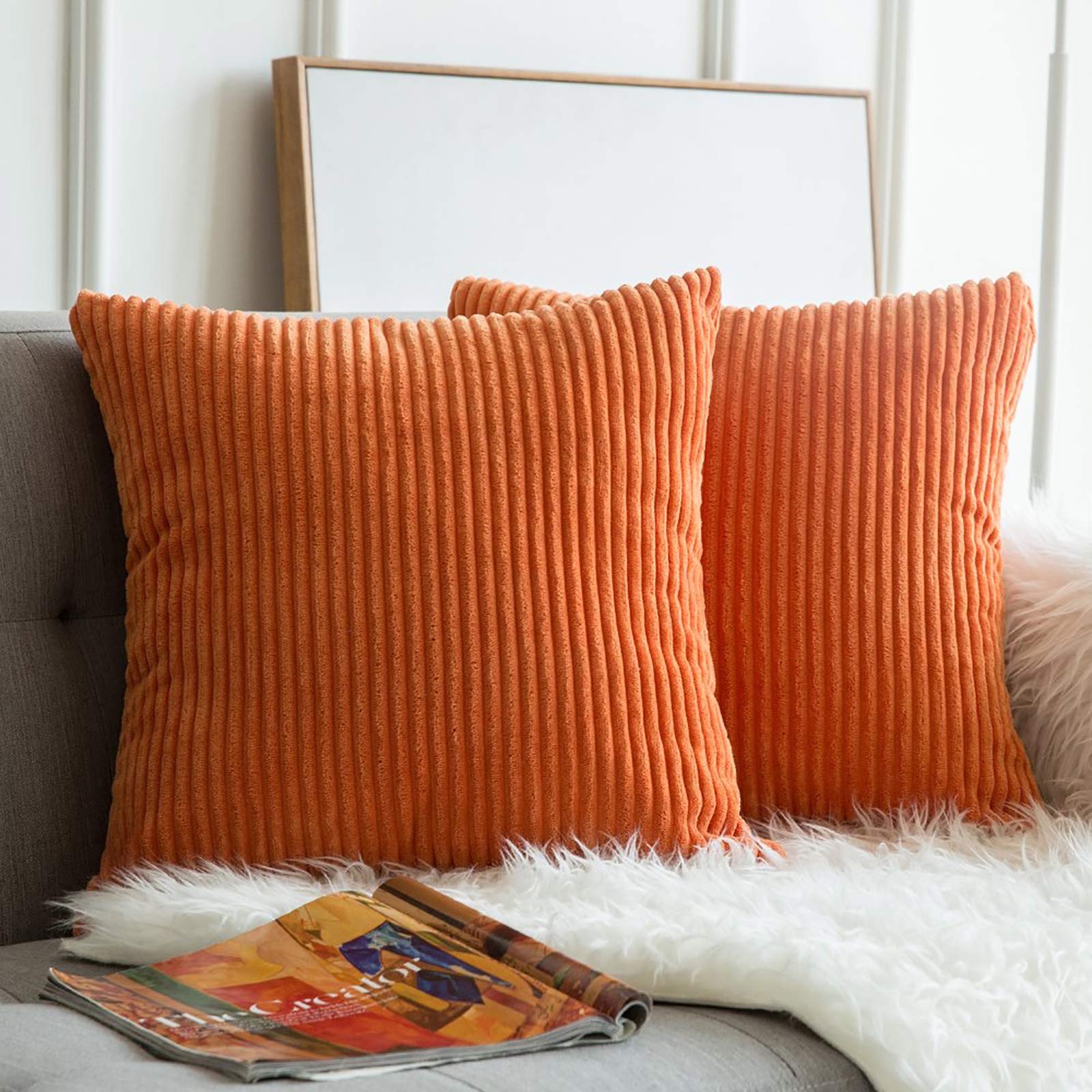 Miulee Pack Of 2 Orange Pillow Covers 18X18 Inch Soft Striped Corduroy Throw Pillow Covers Set Decorative Square Fall Cushion Ca