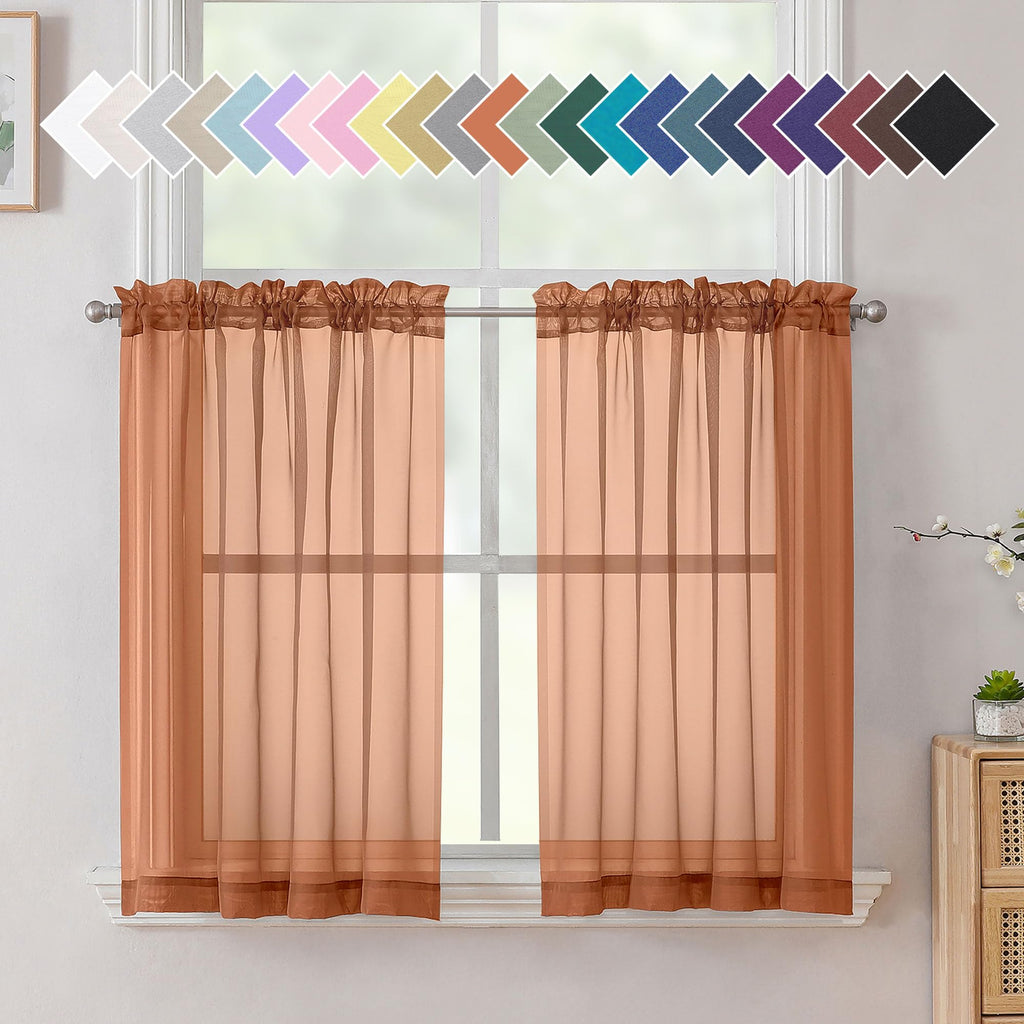 Aiyufeng Orange Sheer Curtains 36 Inches Long, Short Kitchen Window Treatment Solid Sheers Cafe Curtains Bathroom Voile Half Win