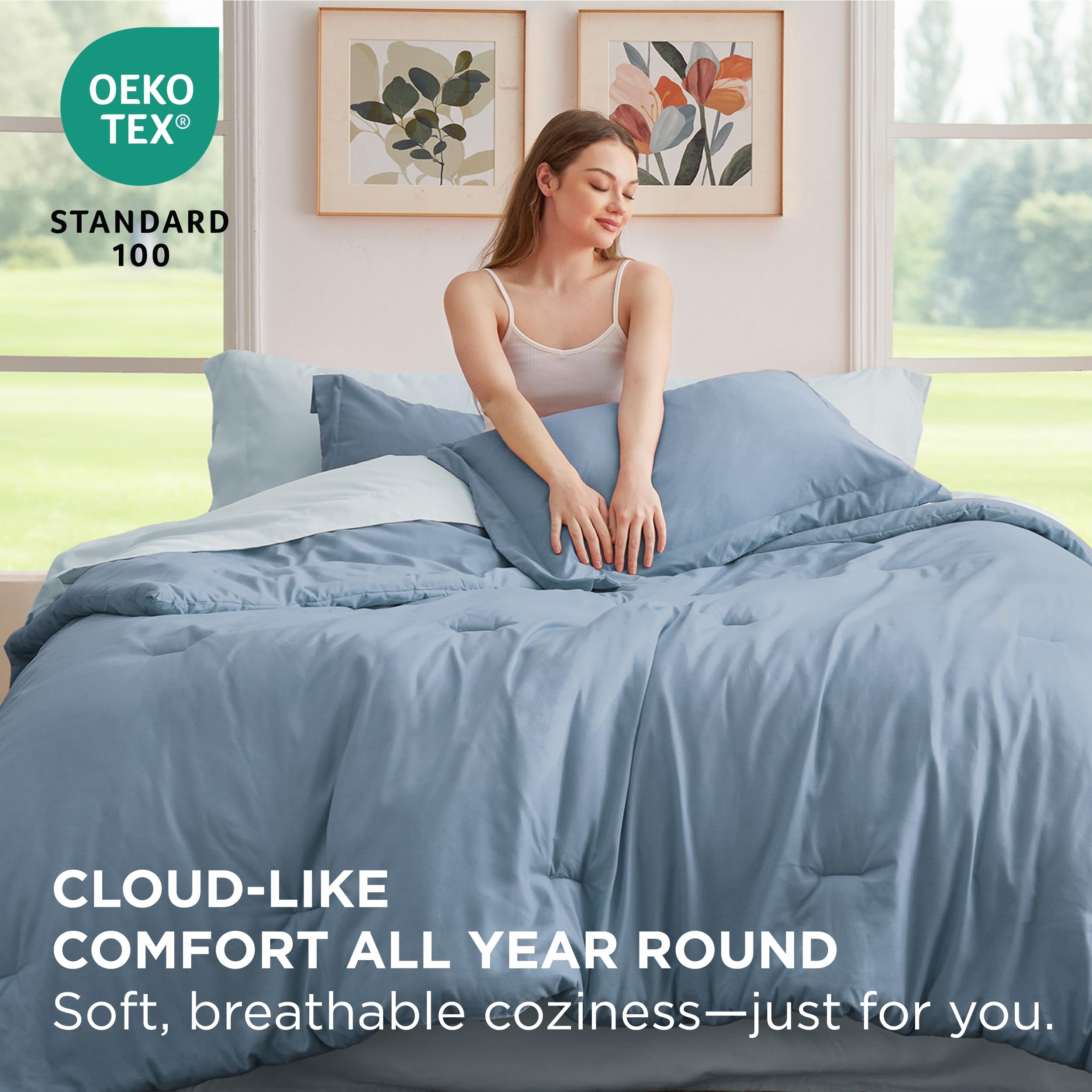 Bedsure Full Size Comforter Set - 7 Pieces Grayish Blue Full Bedding Set For All Seasons, Boho Contrasting Design Bed In A Bag With Comforter, Sheets, Pillowcases & Shams