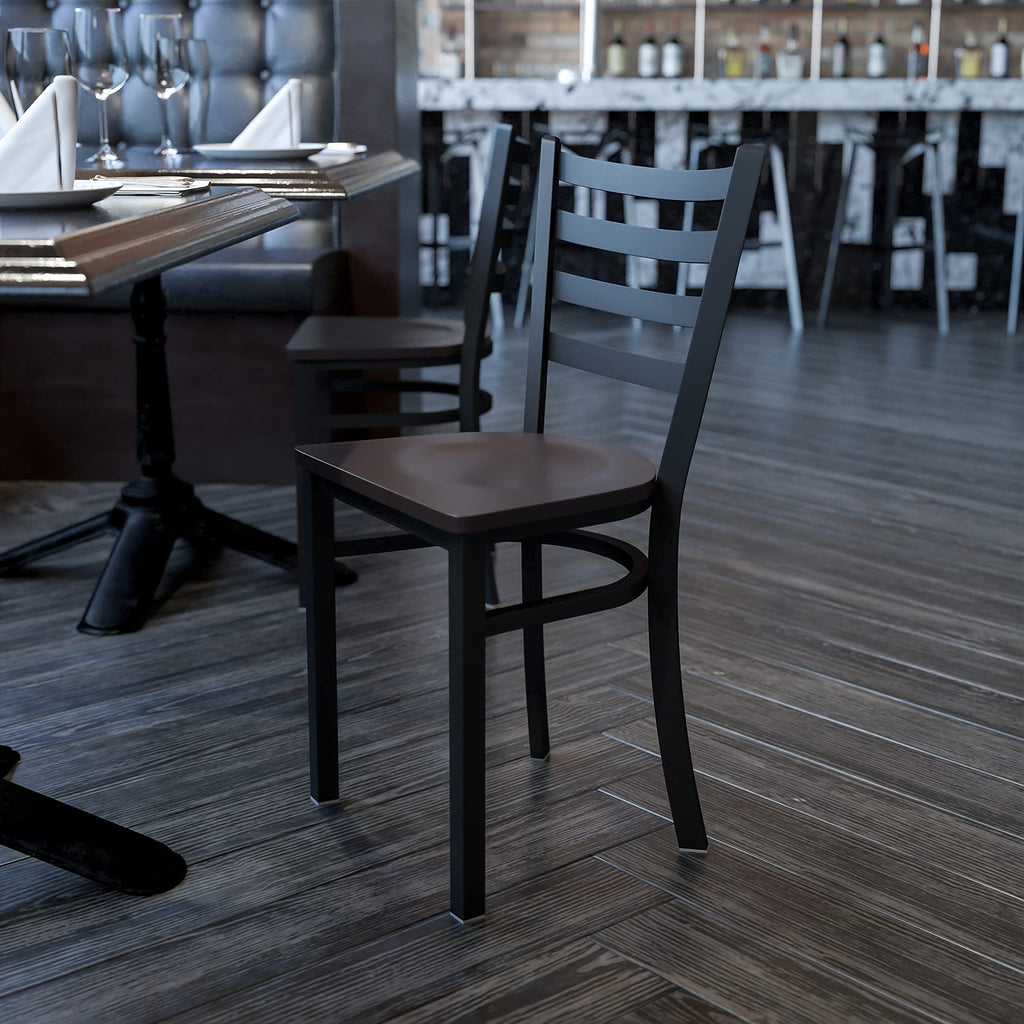 Flash Furniture HERCULES Series Black Ladder Back Metal Restaurant Chair - Walnut Wood Seat
