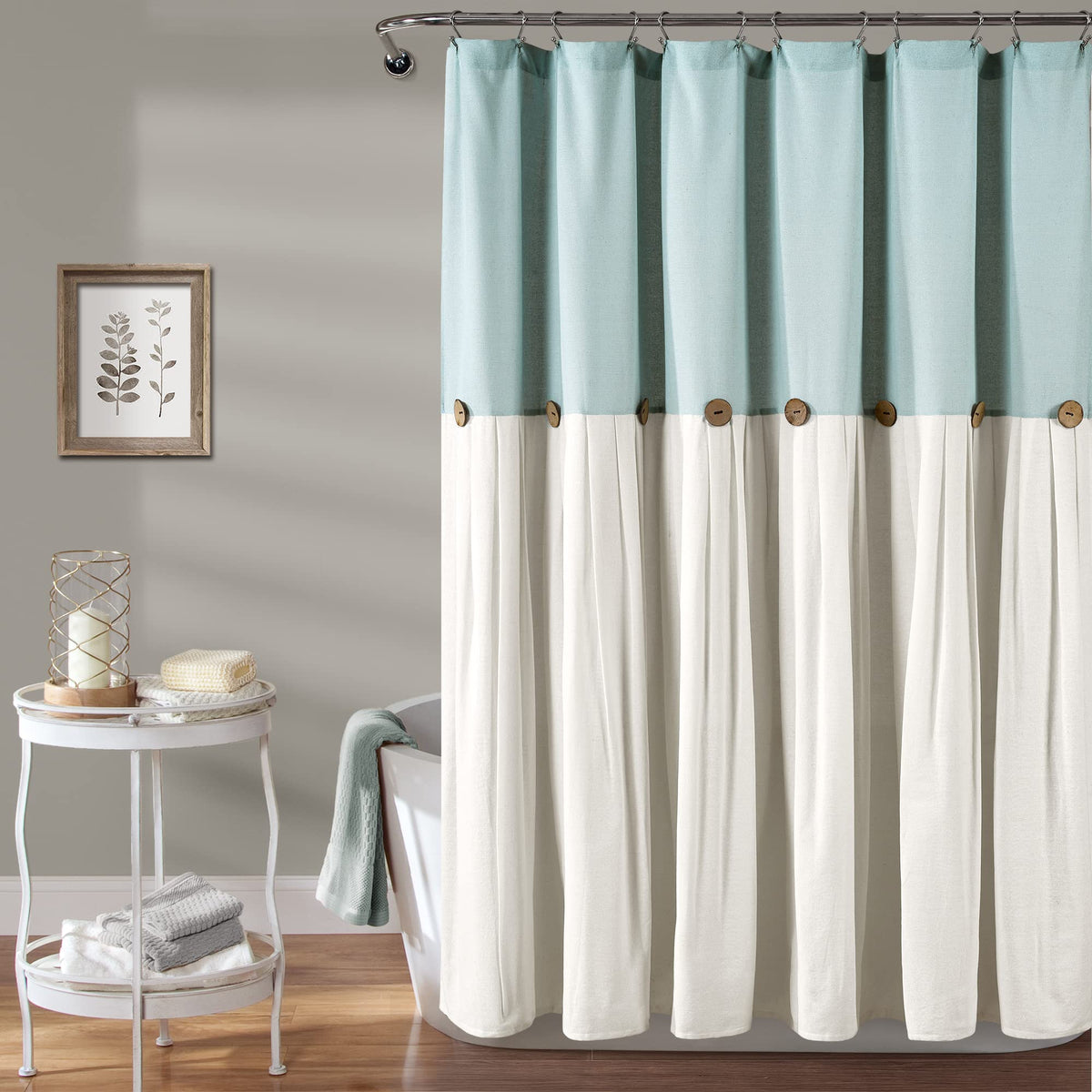 Lush Decor Linen Button Shower Curtain, 72' X 72', Blue & Off-White