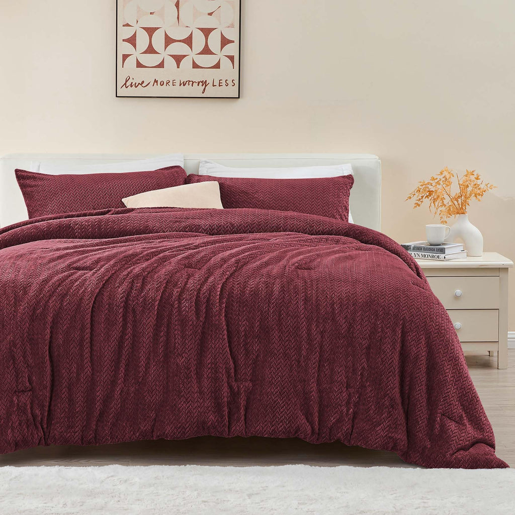 Chixpace Fluffy Queen Comforter Set - Furry Burgundy Leaves Pattern Faux Fur Bed Set, Winter Ultra Soft Fuzzy Comfort Set, Velve