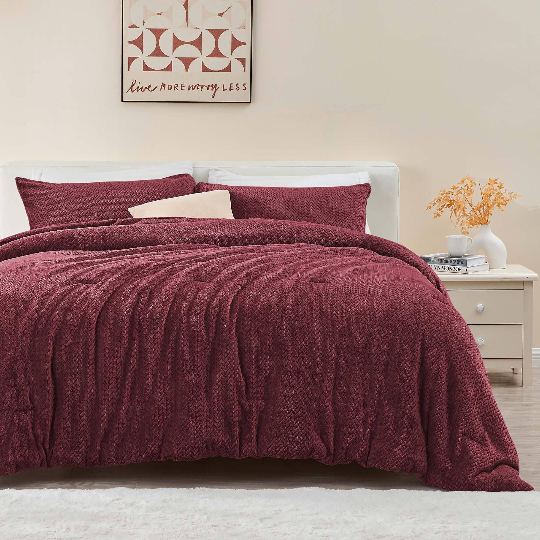 Chixpace Fluffy Queen Comforter Set - Furry Burgundy Leaves Pattern Faux Fur Bed Set, Winter Ultra Soft Fuzzy Comfort Set, Velve