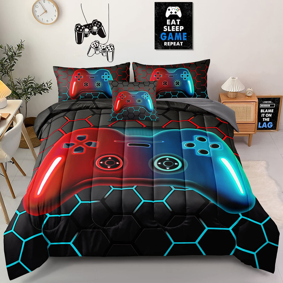 Z.Jian Home 6 Pieces Gaming Bedding Set Queen Size For Boys Gamer Comforter Set For Boys Girls Kids Teens 6 Piece Bed In A Bag V