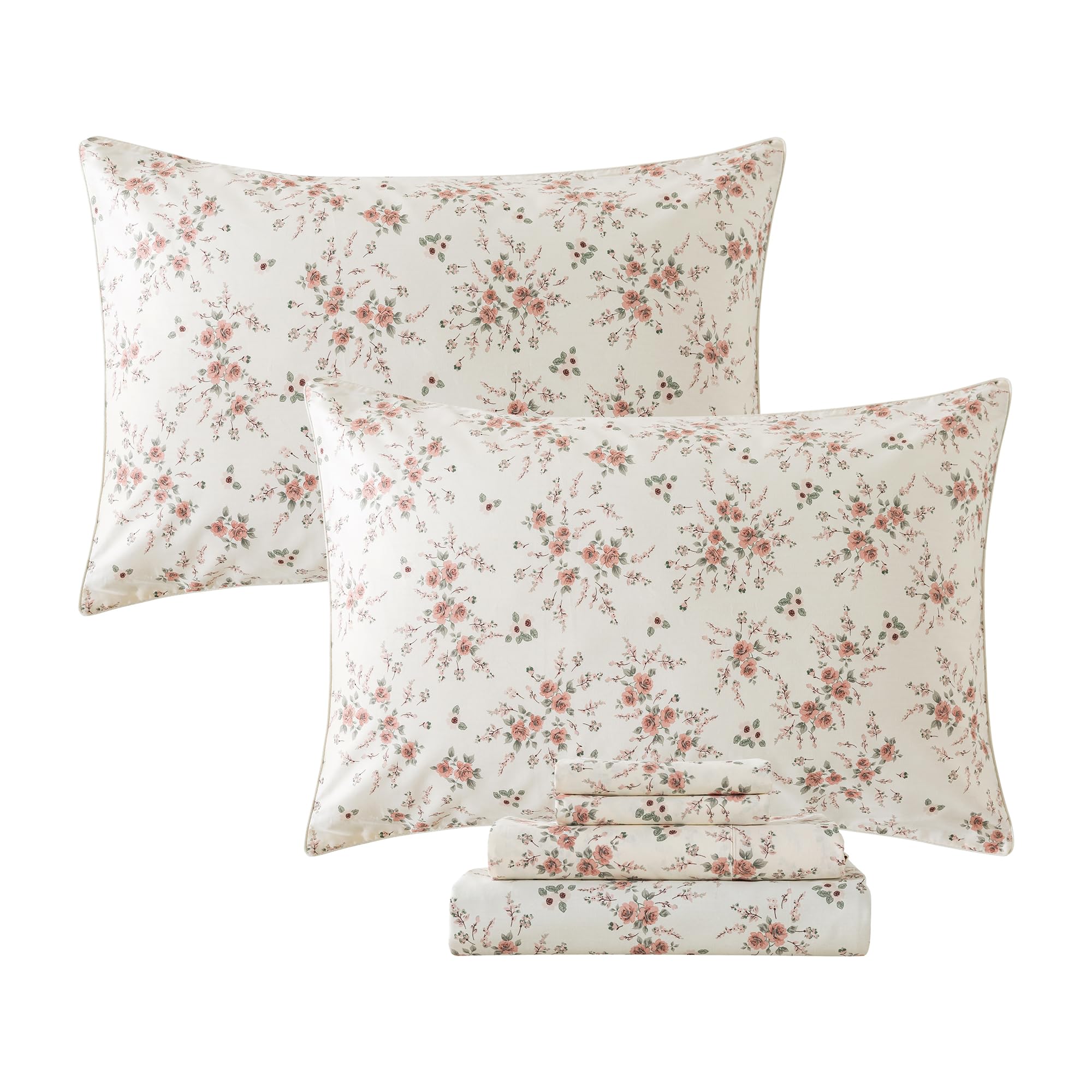 Fadfay Sheets Set King Beige Rose Floral Bedding Shabby Red Blossom Flower Bed Sheet Set Vintage Farmhouse Bedding 100% Cotton U