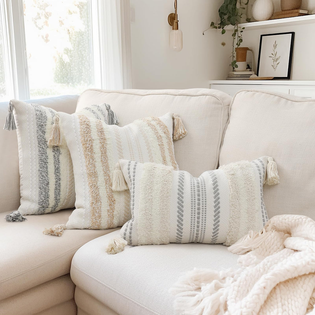 Decoruhome Decorative Boho Throw Pillow Cover 12X20, Lumbar Accent Neutral Tufted Pillow Cover For Couch Bed Sofa, Textured Stri