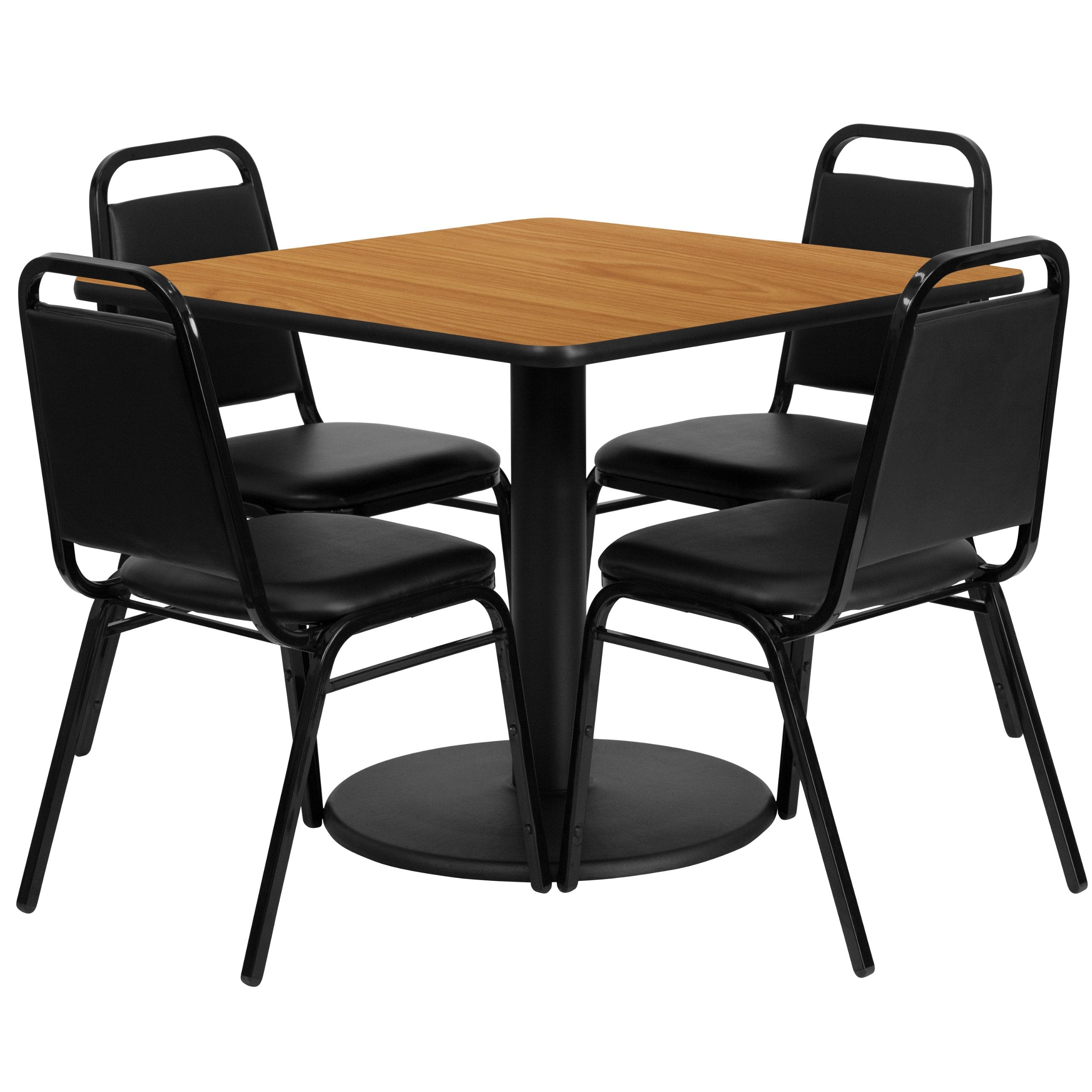 Flash Furniture Jamie 36'' Square Natural Laminate Table Set with Round Base and 4 Black Trapezoidal Back Banquet Chairs