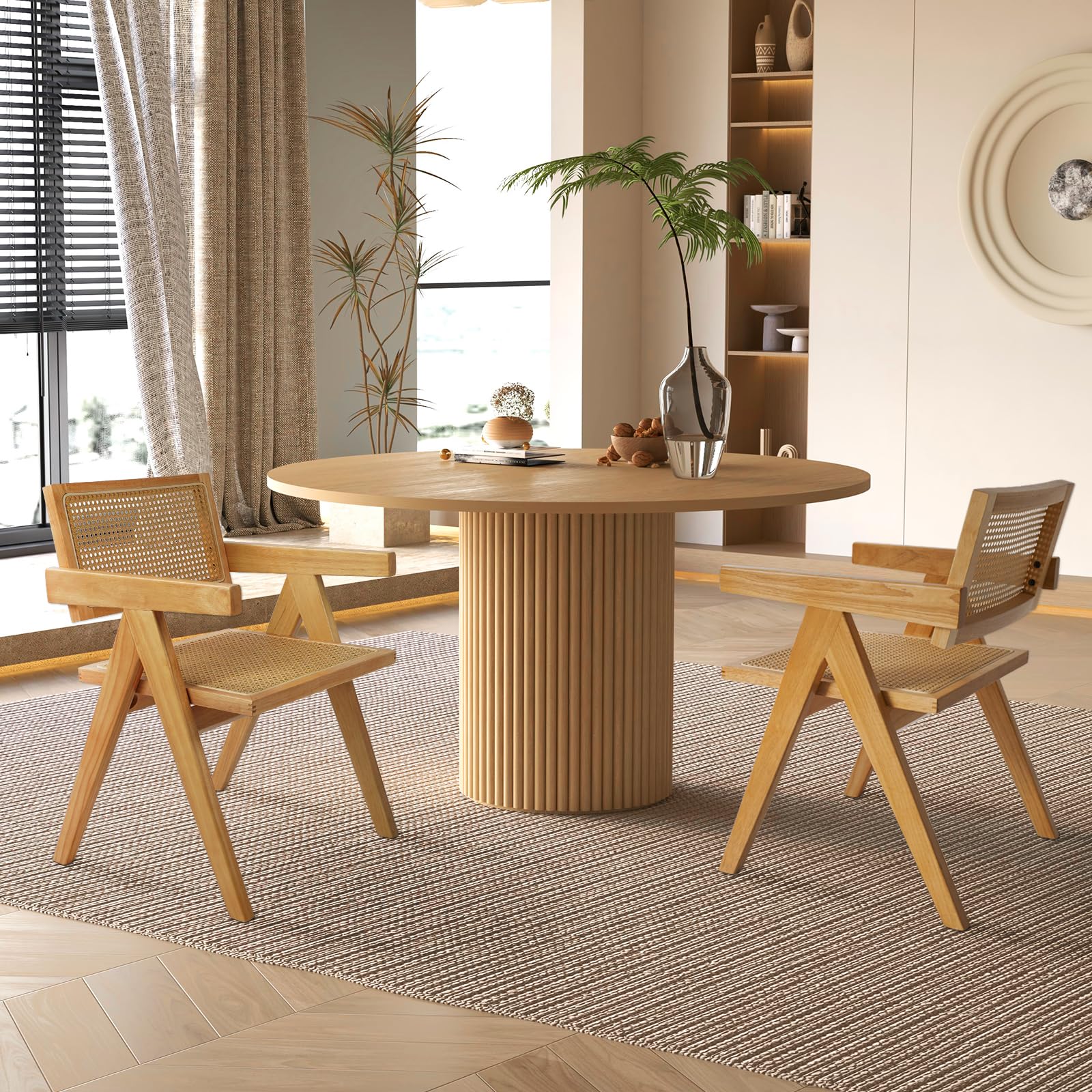35   Round Pedestal Dining Table, Solid Wood Base, Modern Fluted Design for Kitchen, Breakfast Nook, Small Space
