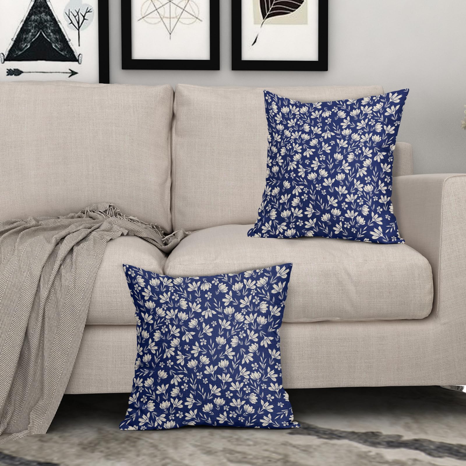 Aytipun Navy Blue Pillow Covers 16X16 Set Of 2 Vintage Floral Rustic Old Style Cute Flower Print Decorative Outdoor Pillowcases