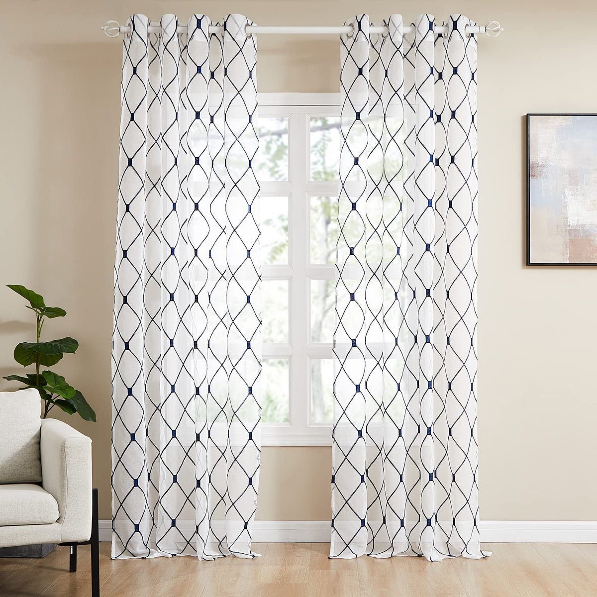 Top Finel White Sheer Curtains 108 Inches Long Navy Blue Embroidered Diamond Grommet Window Curtains For Living Room Bedroom, 2