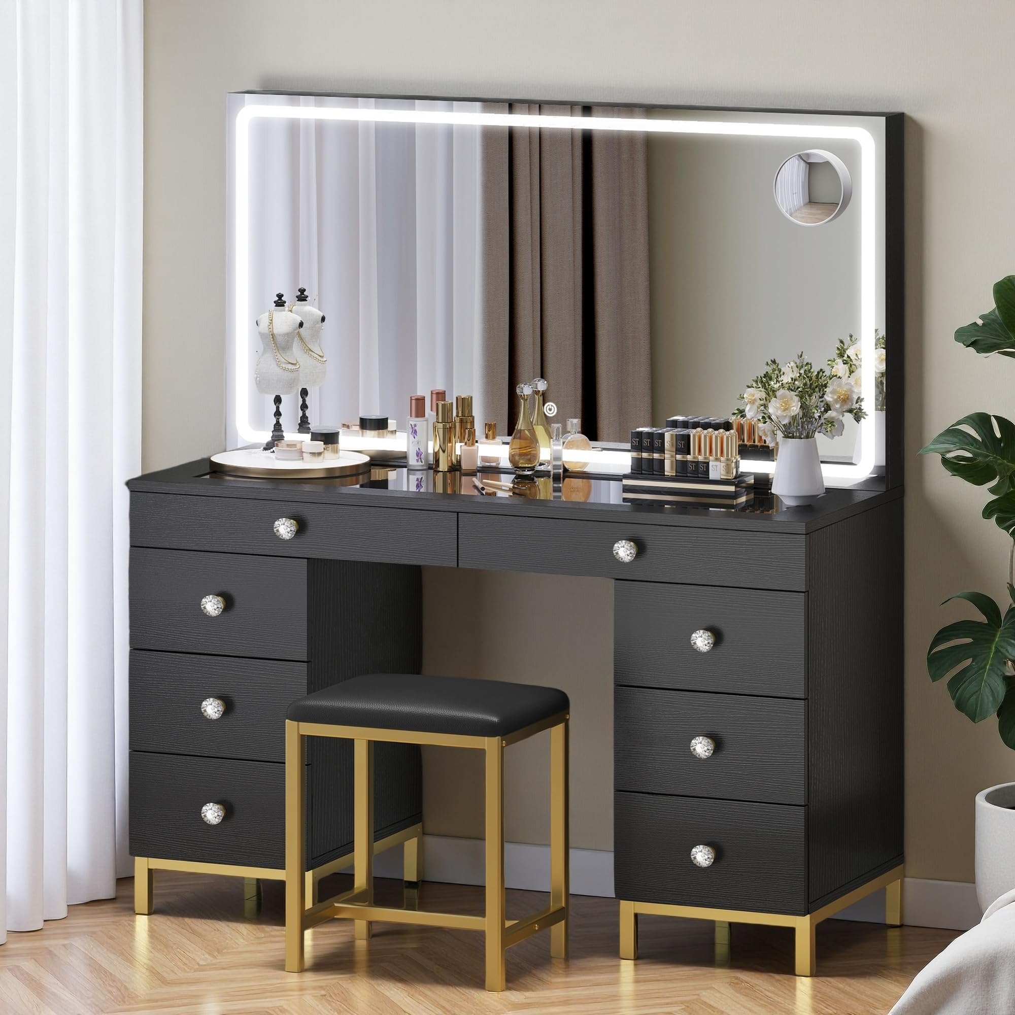 DWVO Black Vanity Desk with Mirror: Makeup Table with Power Outlets & 8 Drawers 3-Mode LED Mirror, Storage Stool for Dressing Ro