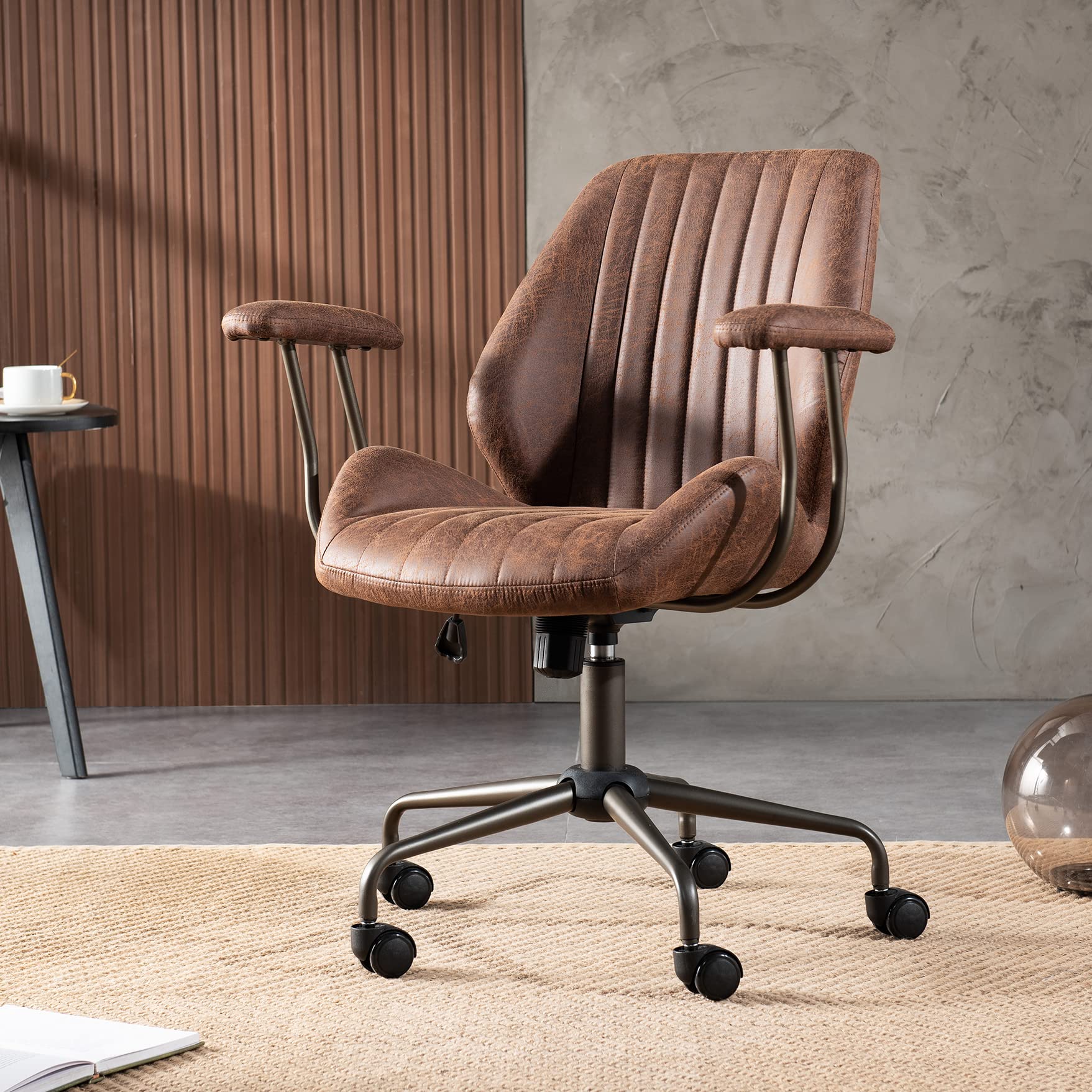 Ovios Home Office Ergonomic Chair, Mid-Century Modern Leather Chair, Swivel Rolling Task Desk Chair With Armrest Wheels, Comfy Computer Executive Chair, Dark Brown
