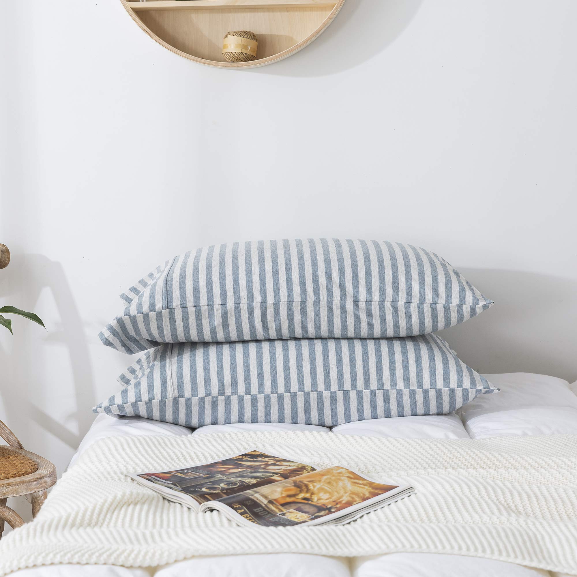 H HOUSEHOLD Pillowcases, 100% Cotton Jersey Knit, Soft and Cozy, Wrinkle, Stain Resistant with Envelope Closure (Blue Stripe, Qu