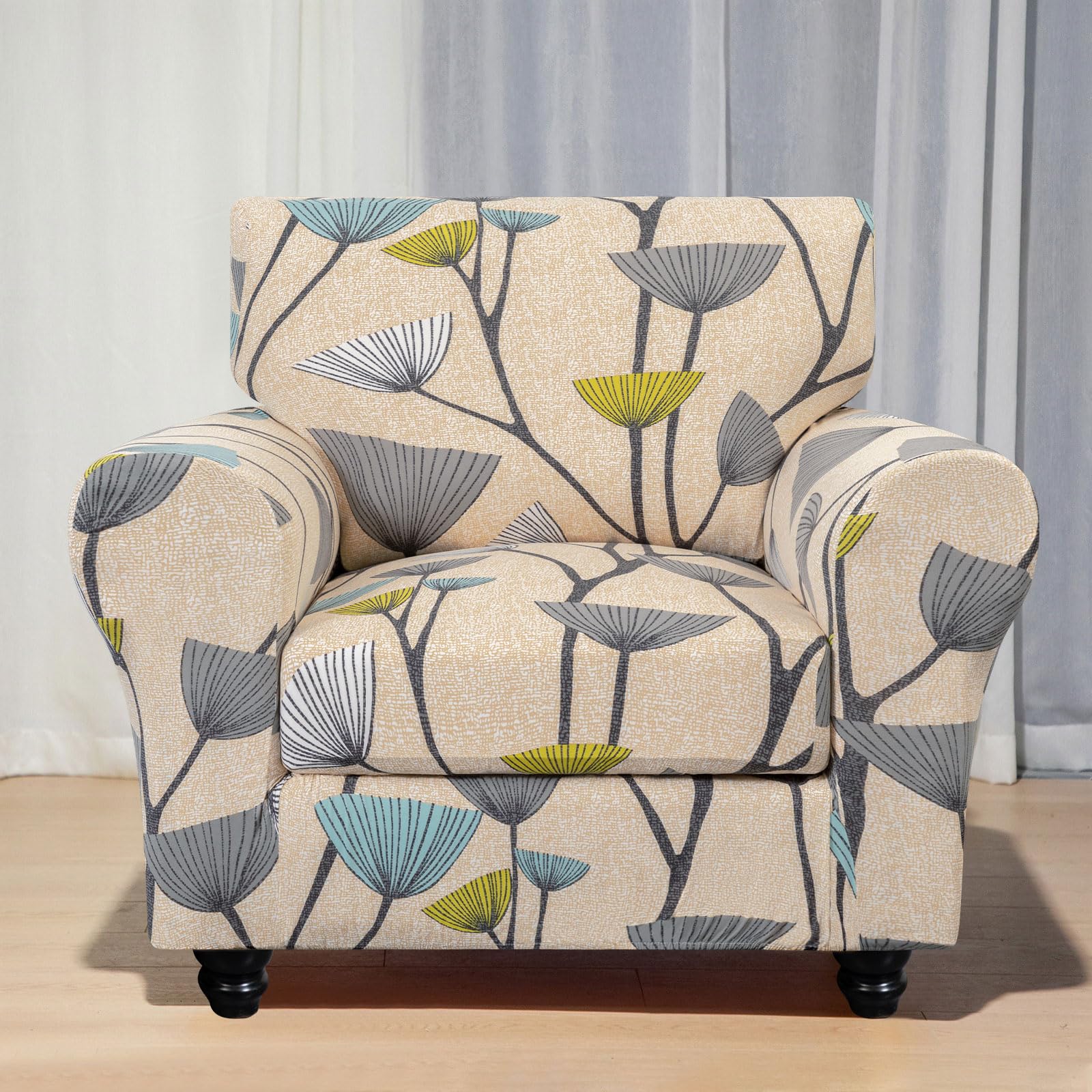 Searchi Stretch Sofa Cover Printed Couch Covers, Floral Pattern 2 Piece Armchair Slipcover With Separate Chair Cushion Cover, Washable Furniture Protector For Living Room(Armchair, Dandelion Pattern)