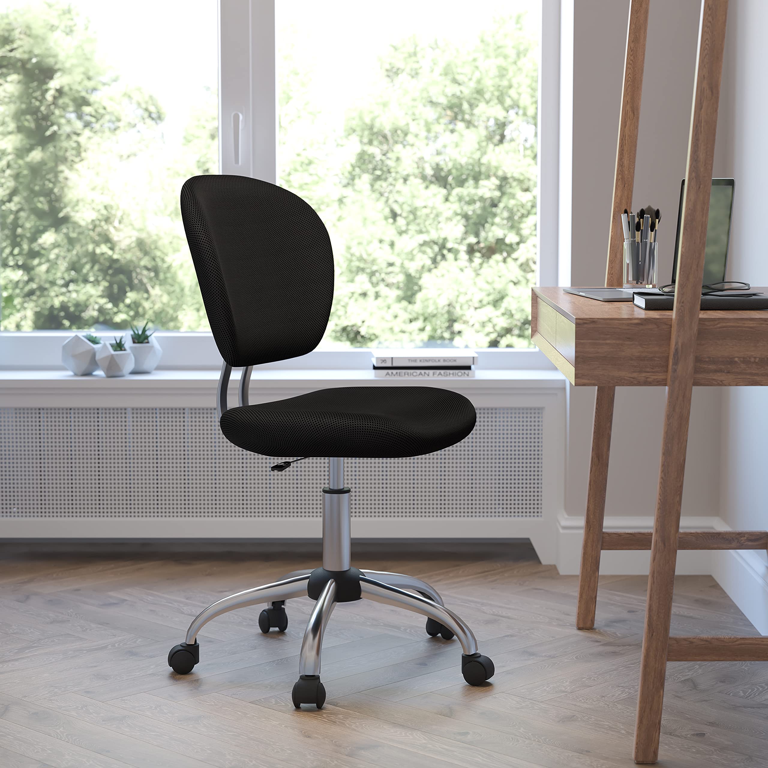 Flash Furniture Beverly Mid-Back Swivel Mesh Office Chair with Padded Seat, Height-Adjustable Ergonomic Padded Office Desk Chair, Black/Chrome