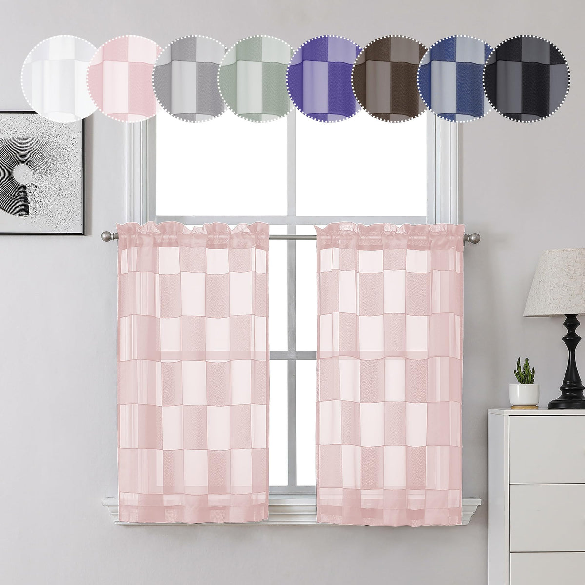 OVZME Barry 36 inch Blush Pink Curtains Sheer Tiers 2PCS, Clip Checkered Short Sheer Curtains for Window, Farmhouse Textured Lig