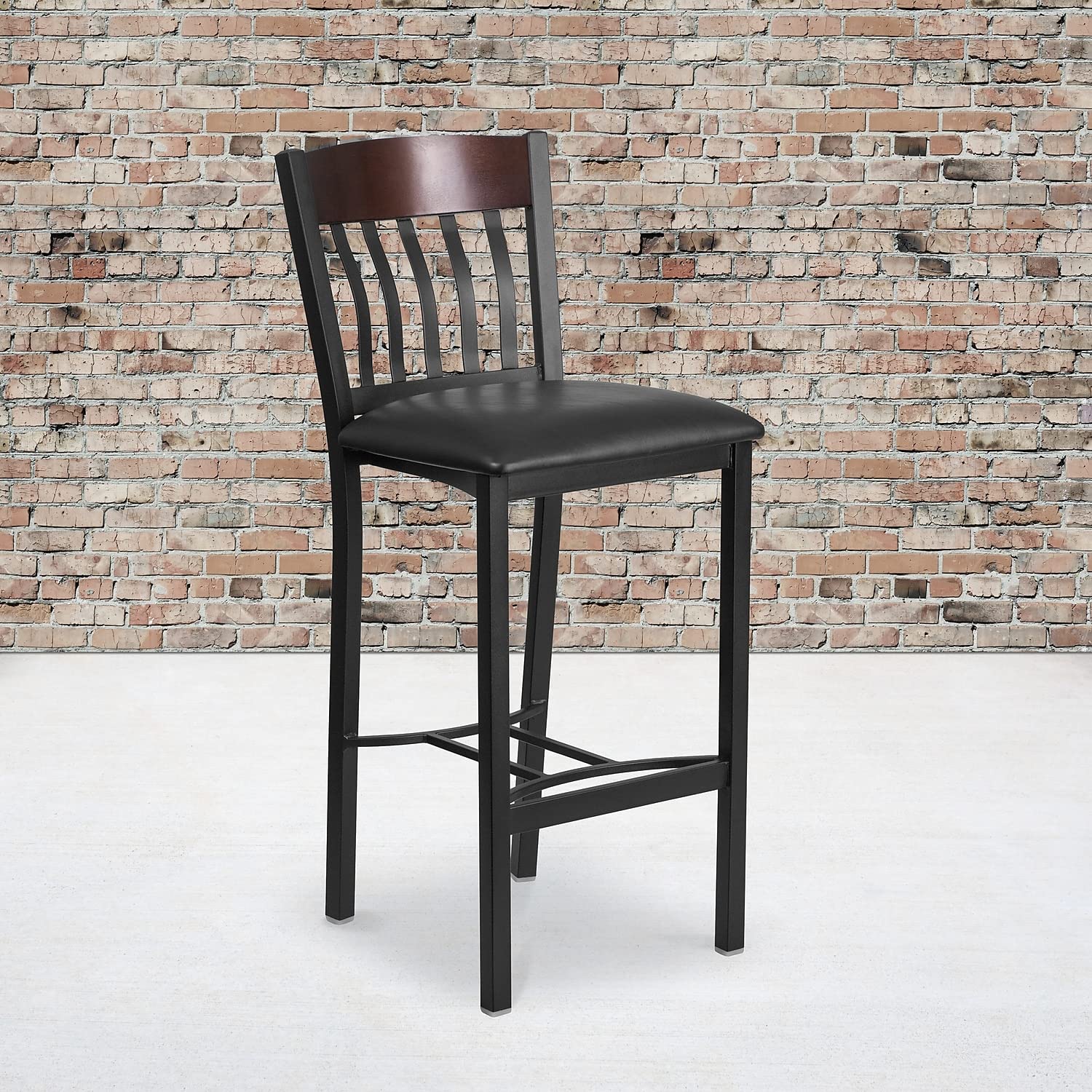 Flash Furniture Eclipse Series Vertical Back Black Metal And Walnut Wood Restaurant Barstool With Black Vinyl Seat