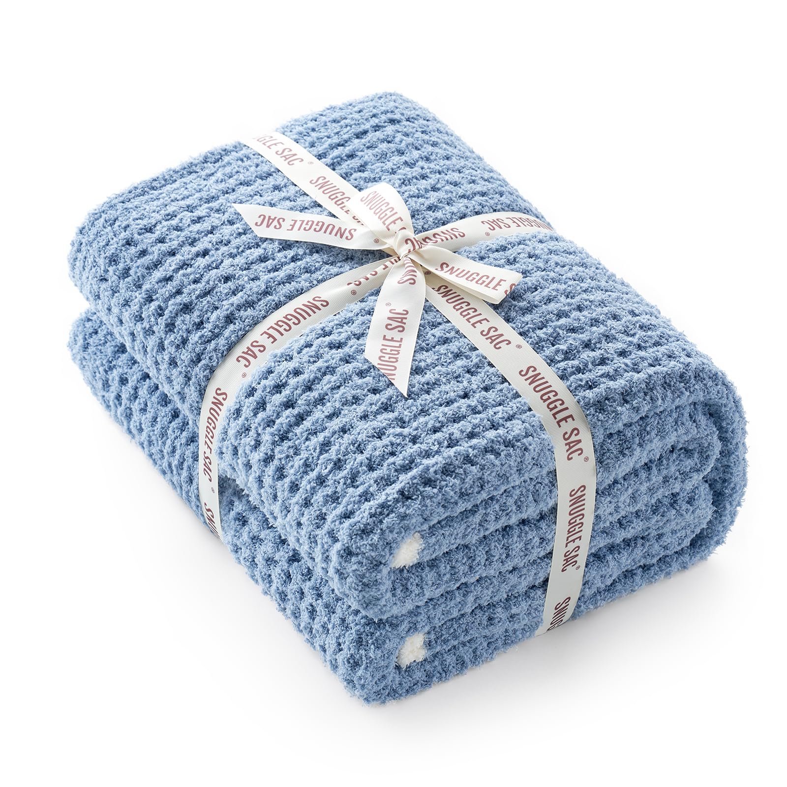 Snuggle Sac Ultra Soft Waffle Throw Blanket For Couch Bed Sofa 50X60 Inches, Reversible Blue Blanket Microfiber Fluffy Fuzzy Coz